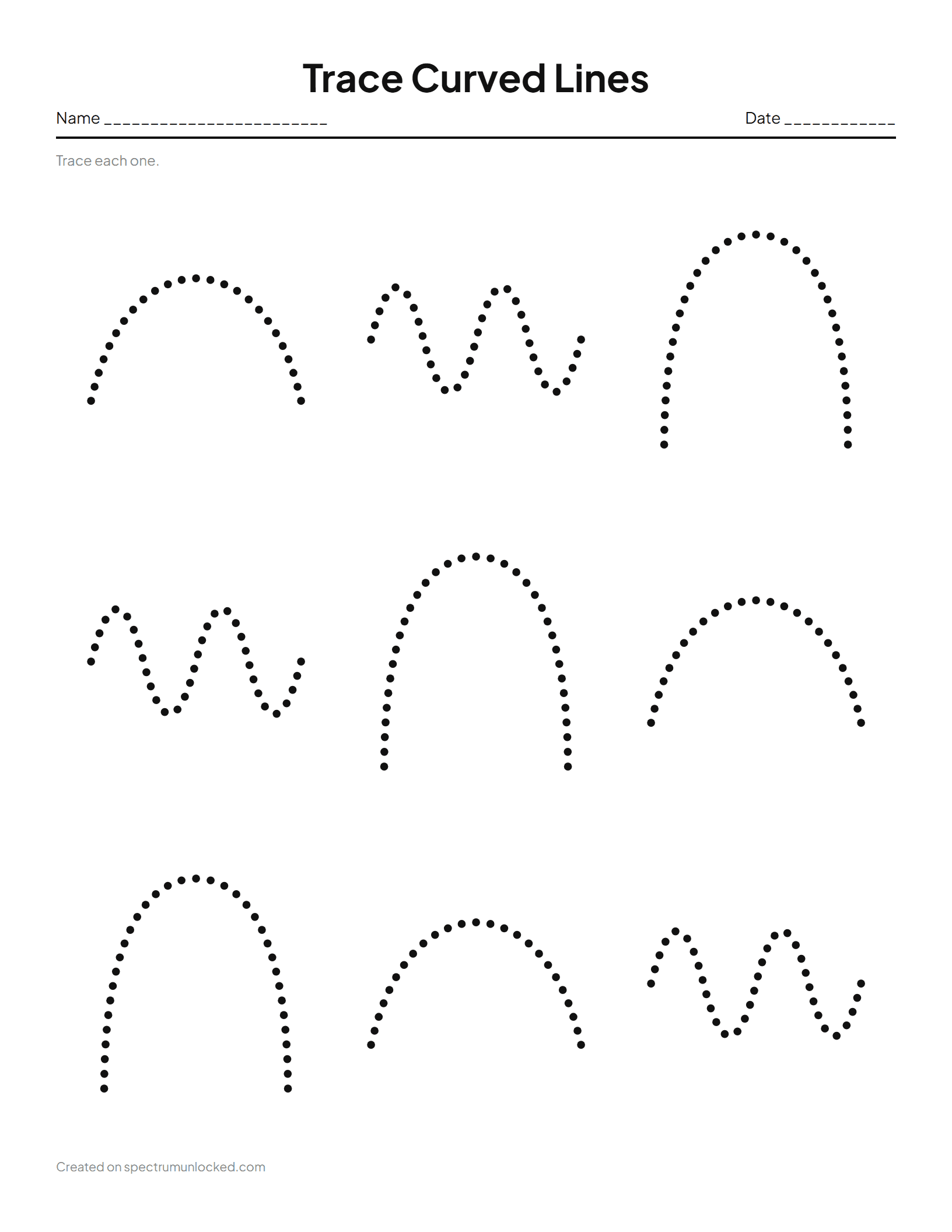 Curved Line Tracing Worksheets: preview of the printable sheet