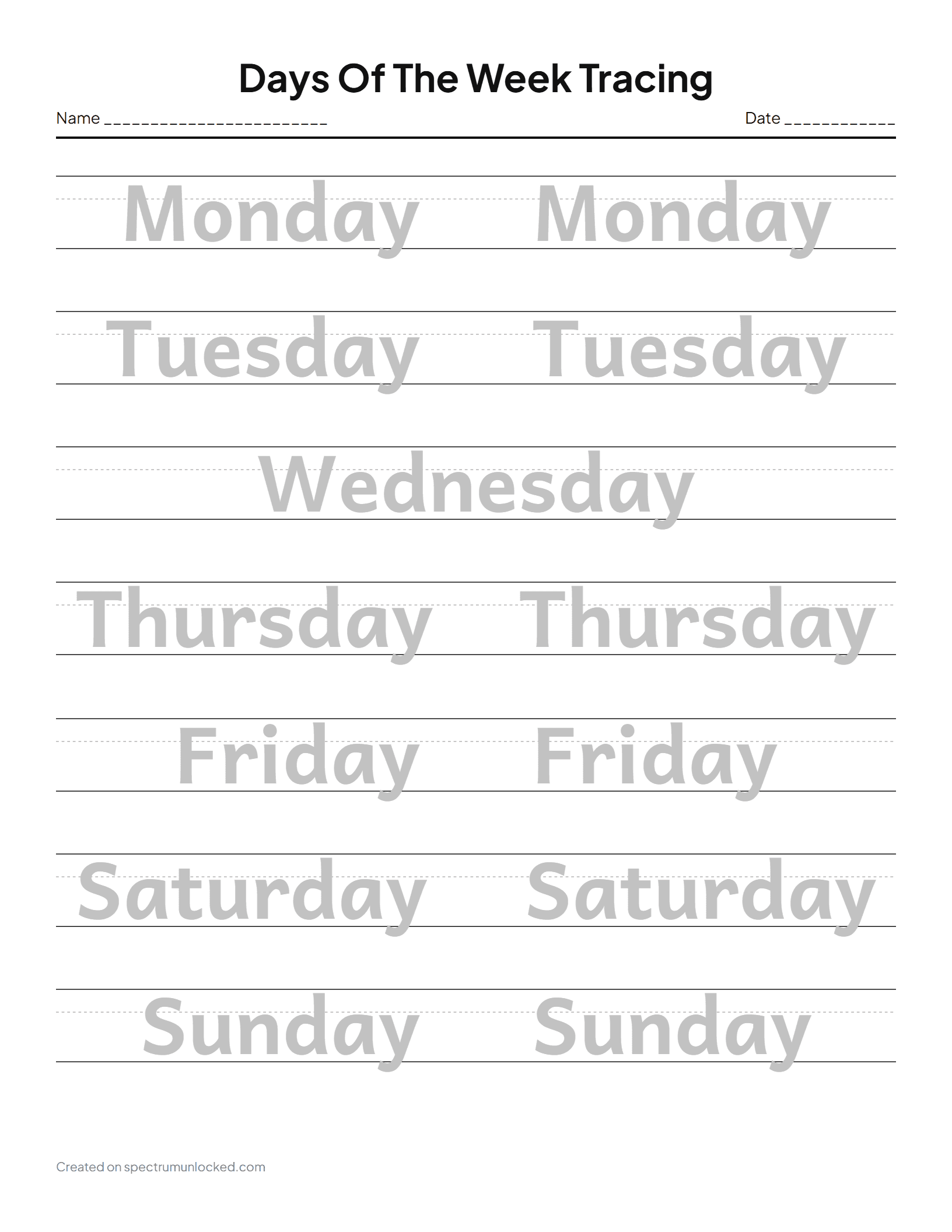 Days Of The Week: preview of the printable sheet