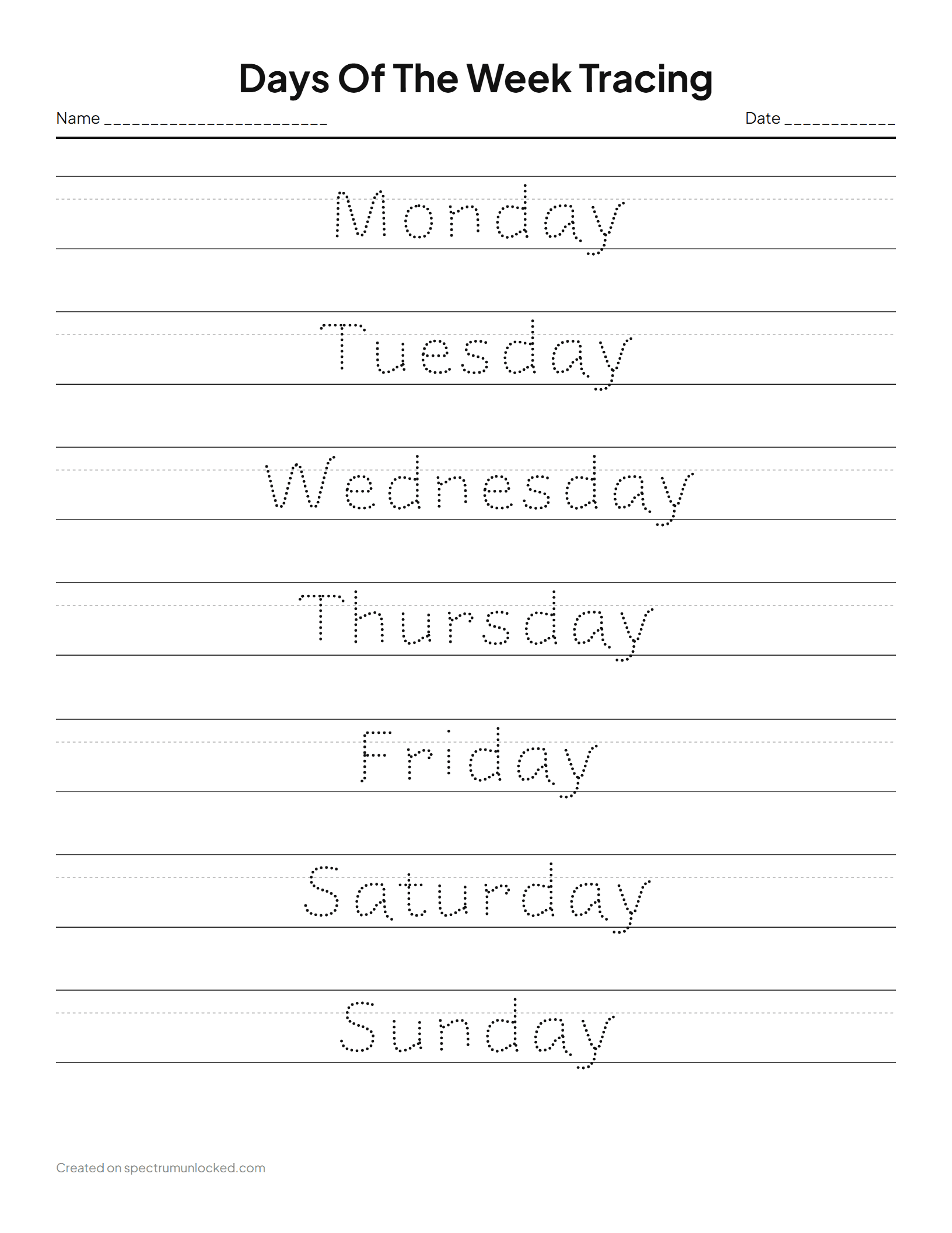Days Of The Week: preview of the printable sheet