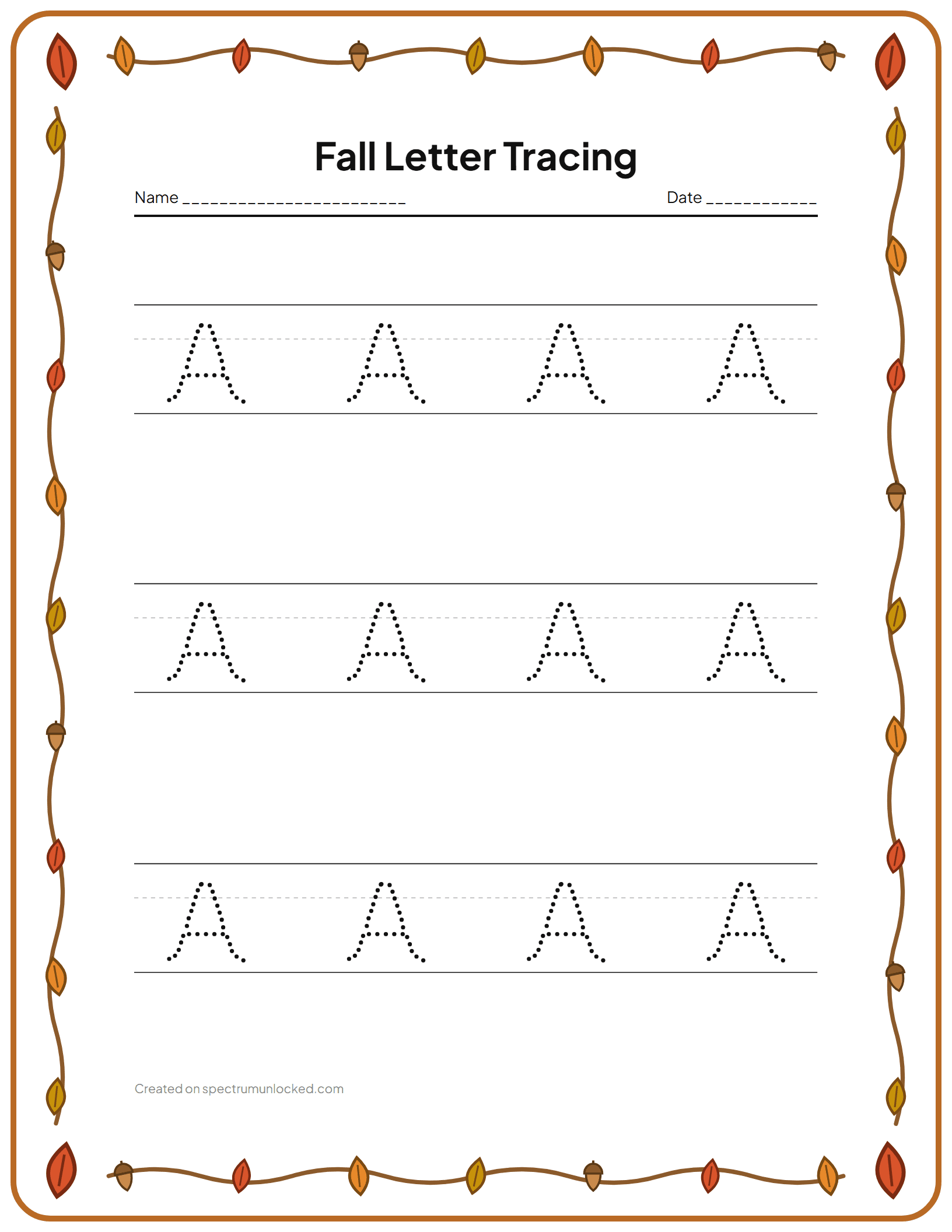 Fall Letter Tracing Worksheets: preview of the printable sheet