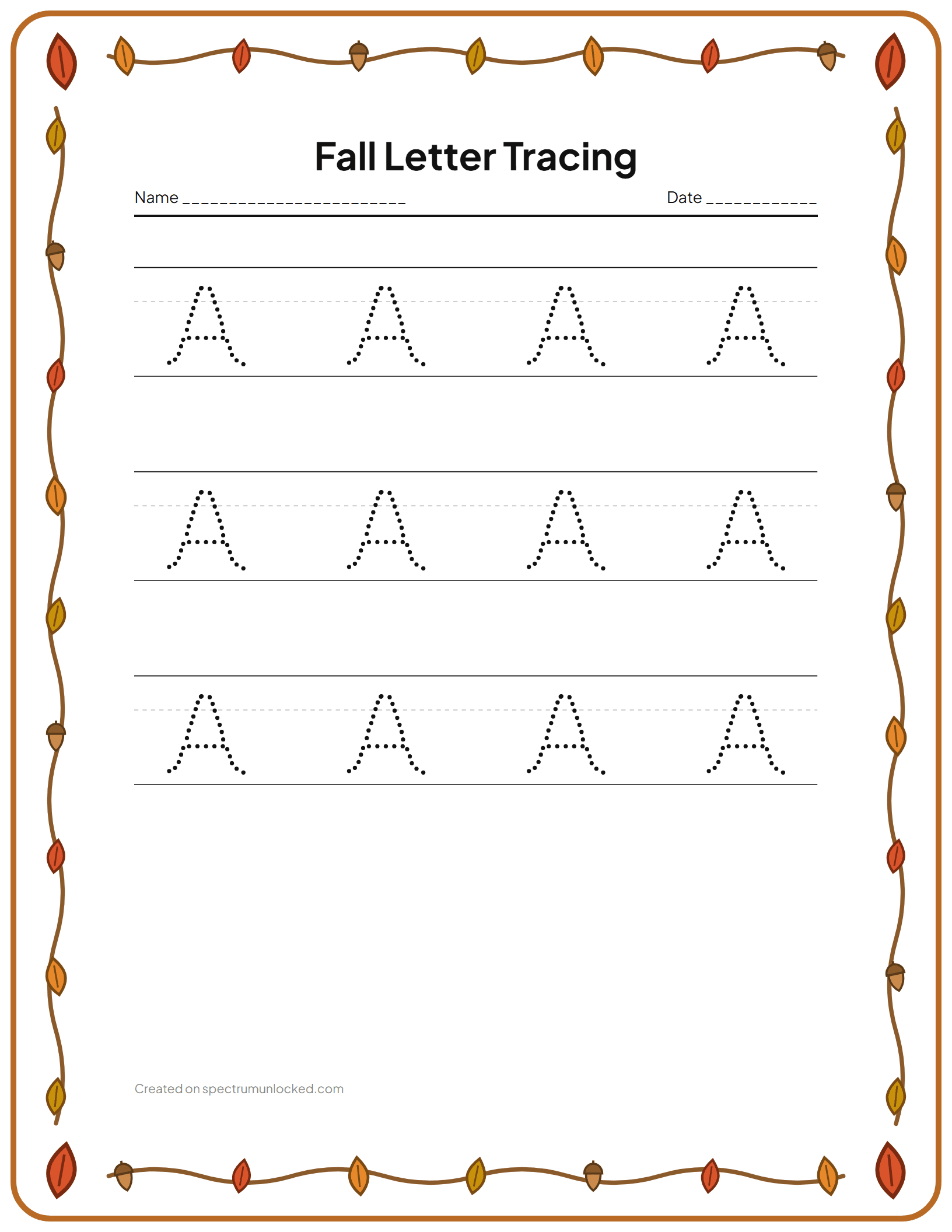 Fall Letter Tracing: preview of the printable sheet