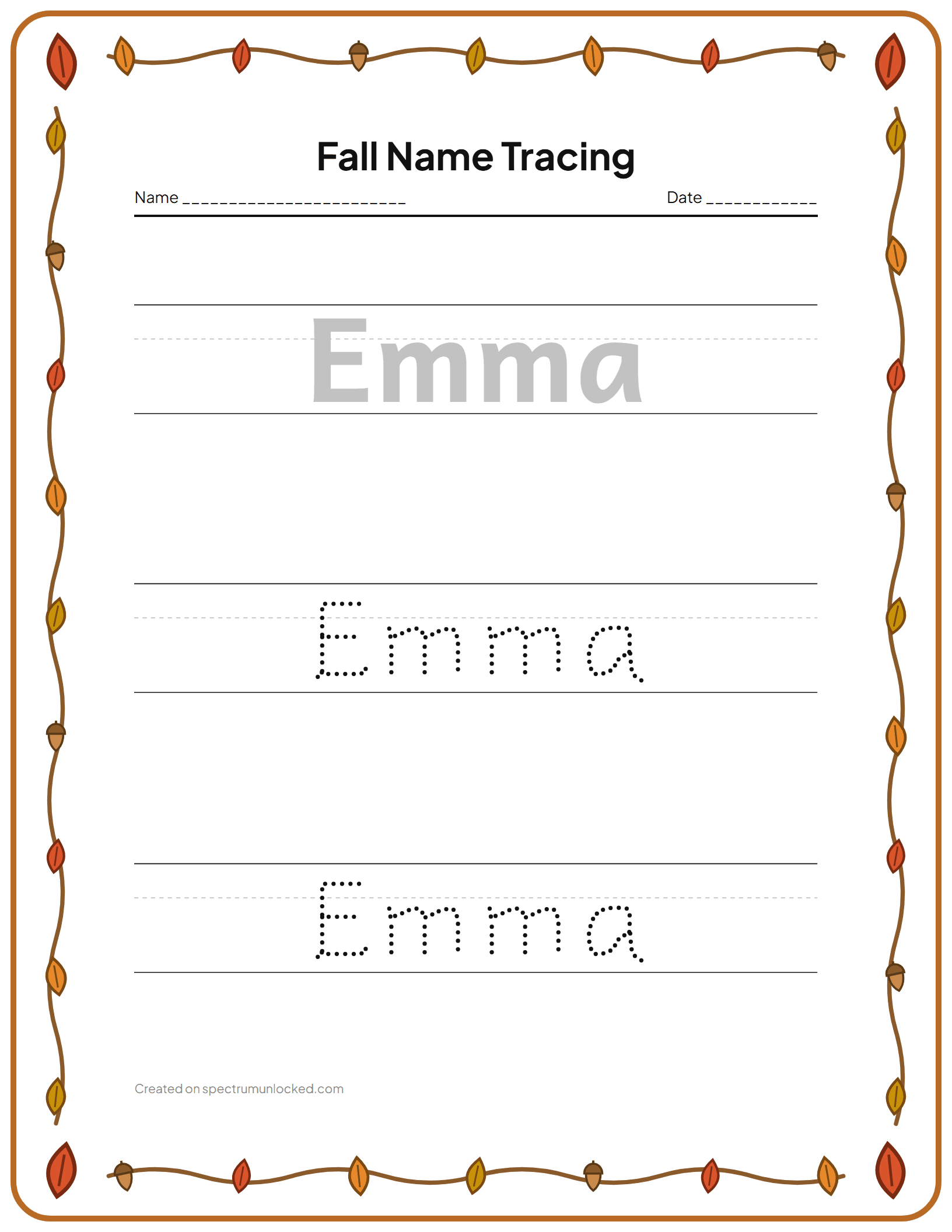Fall Name Tracing: preview of the printable sheet