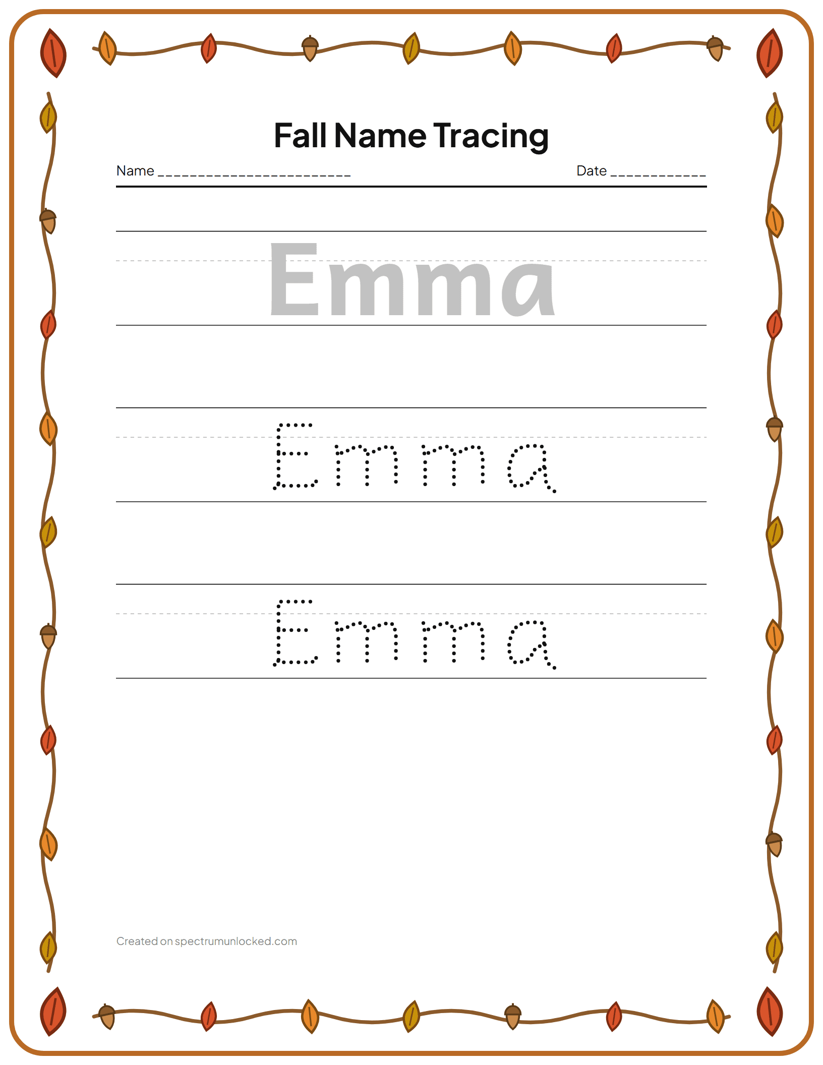 Fall Name Tracing: preview of the printable sheet