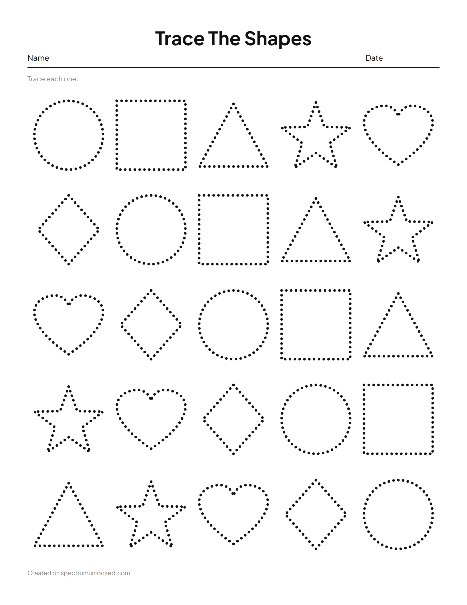 Free Shape Tracing Worksheets: preview of the printable sheet