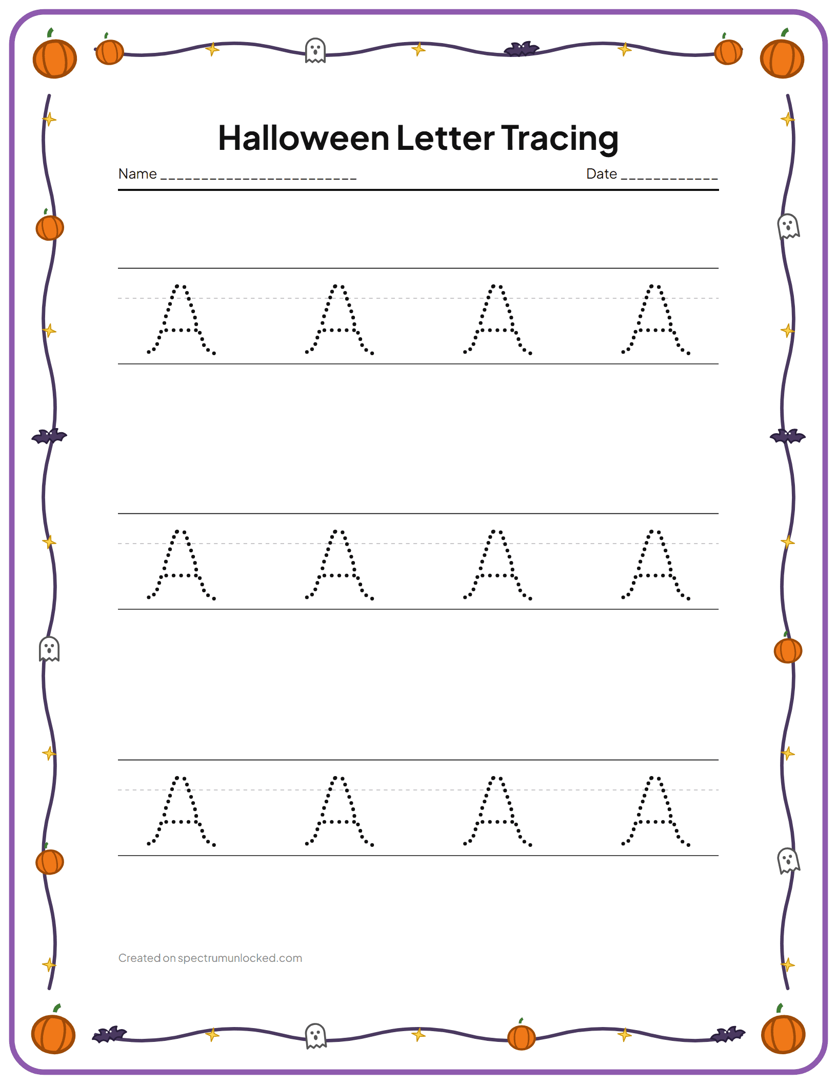 Halloween Letter Tracing: preview of the printable sheet
