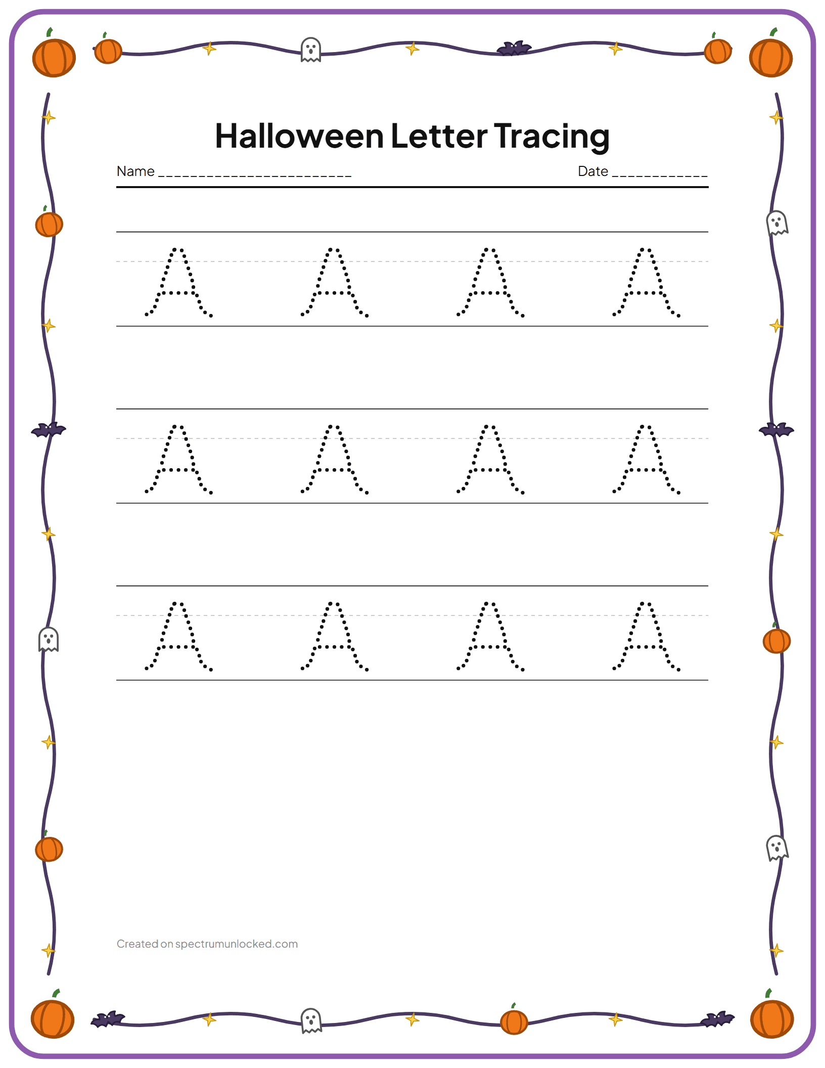 Halloween Letter Tracing Worksheets: preview of the printable sheet
