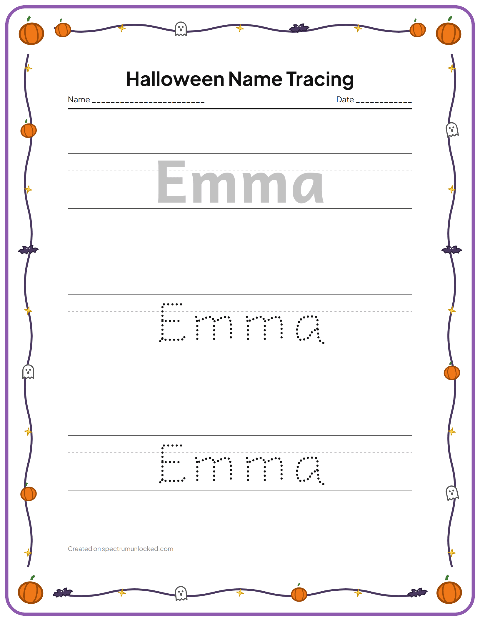 Halloween Name Tracing: preview of the printable sheet