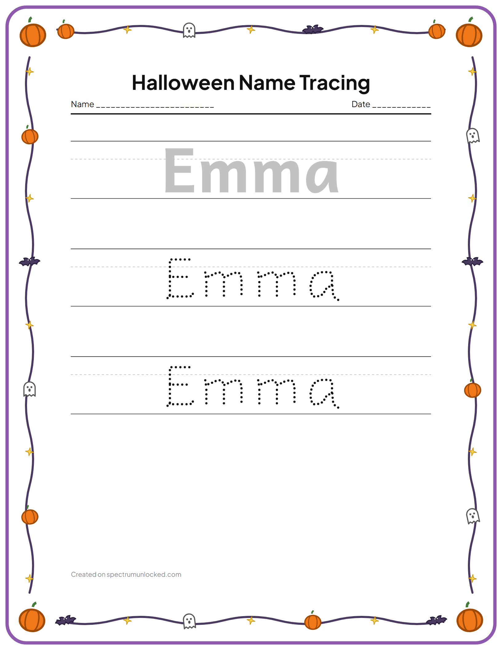Halloween Name Tracing: preview of the printable sheet