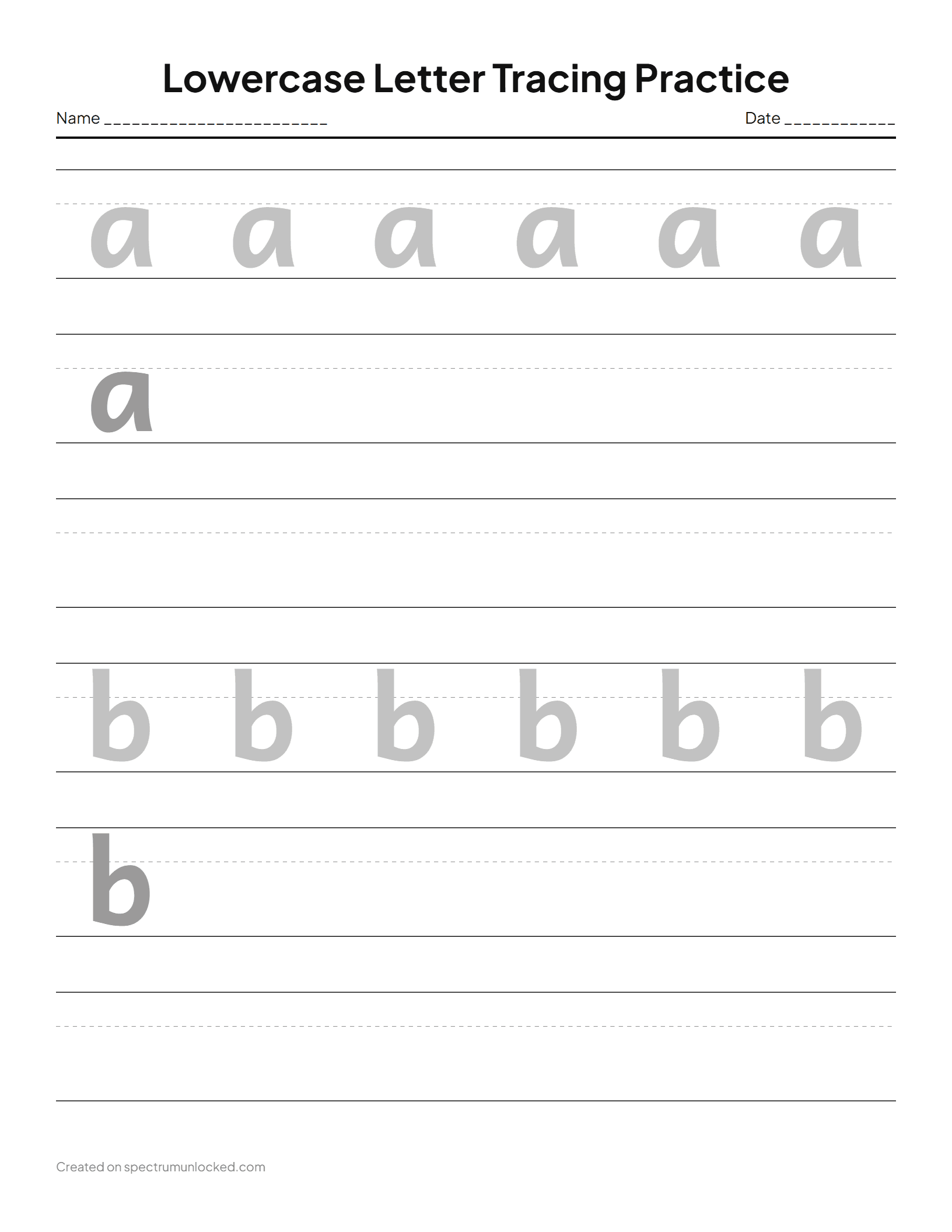 Lowercase Letter Tracing Worksheets: preview of the printable sheet