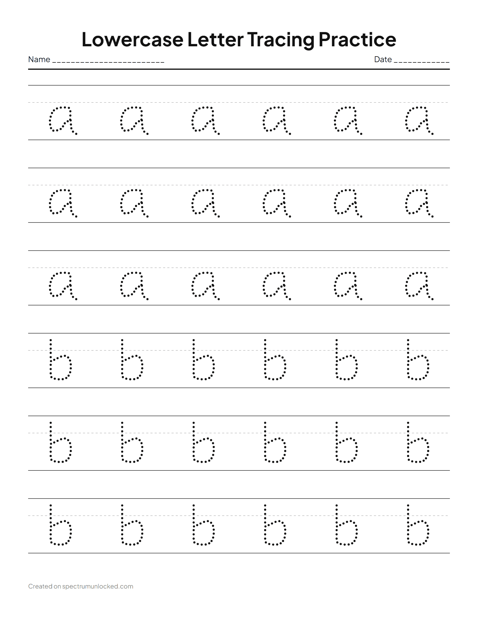 Lowercase Letter Tracing Worksheets: preview of the printable sheet