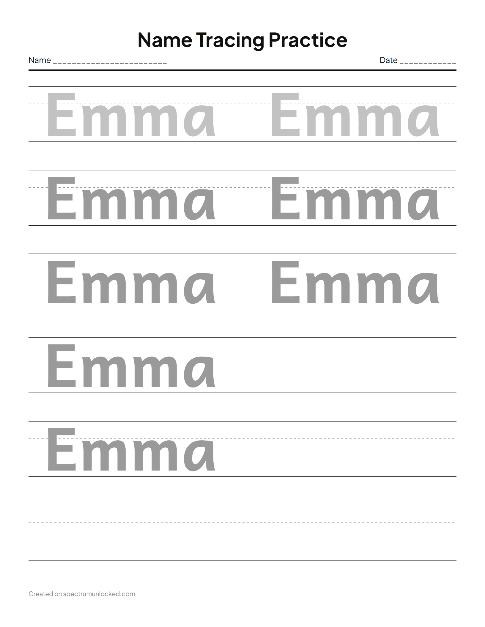 Name Tracing Sample: preview of the printable sheet