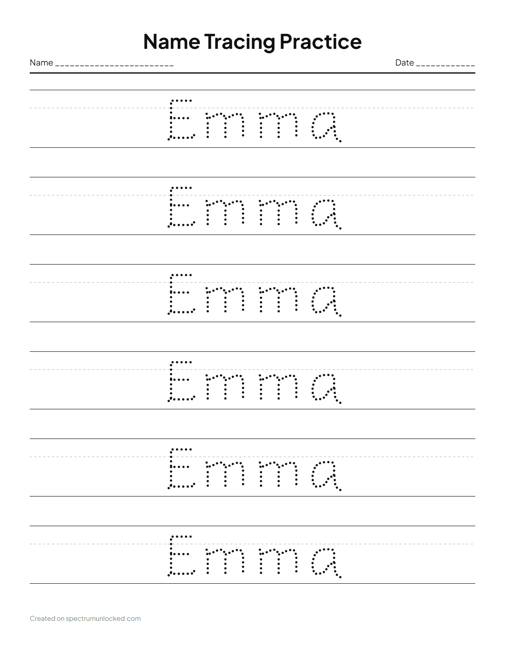 Name Tracing Sample: preview of the printable sheet