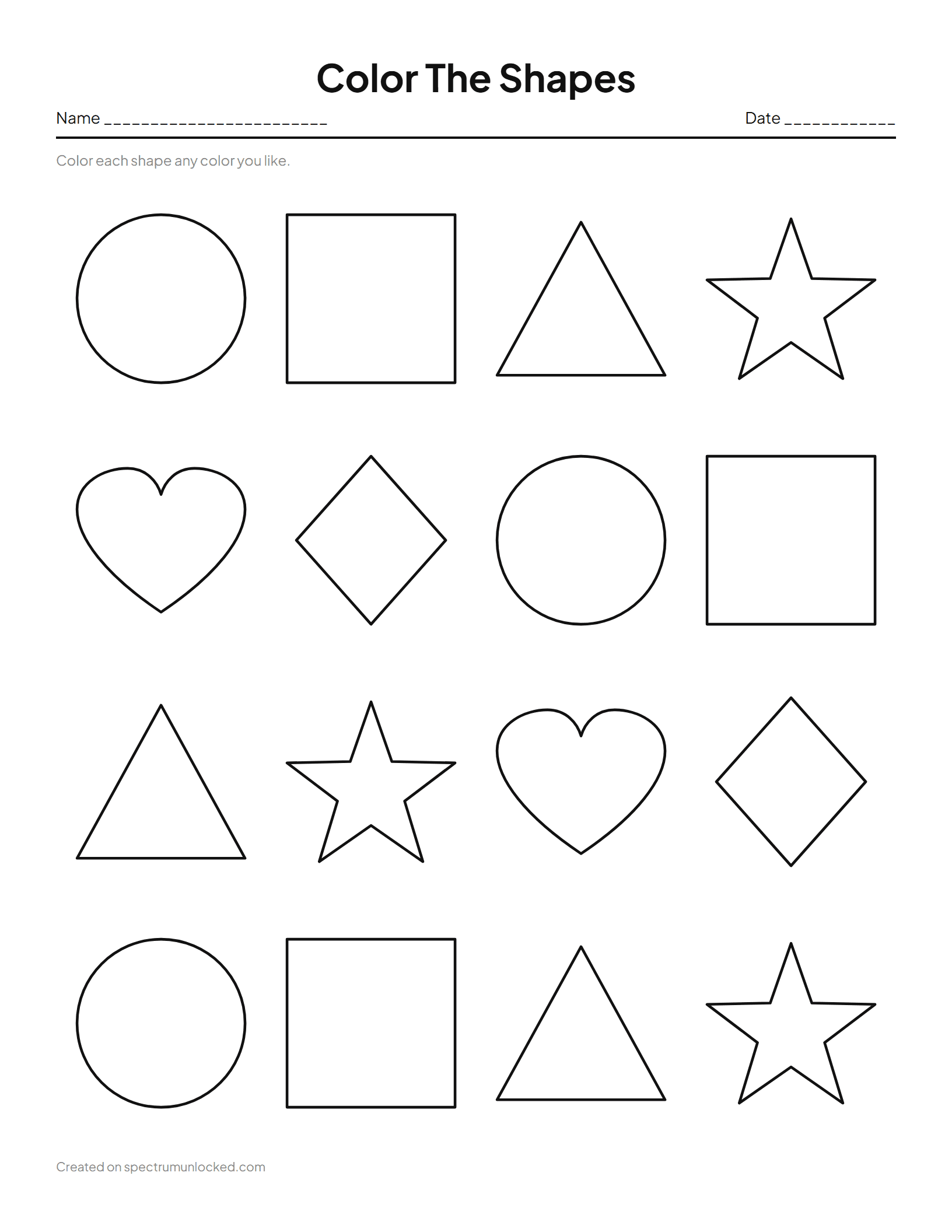 Shape Coloring Pages: preview of the printable sheet