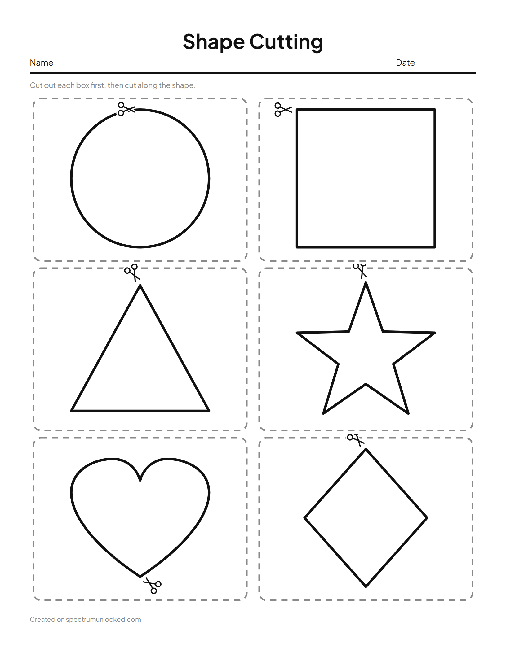 Shape Cutting Worksheets: preview of the printable sheet