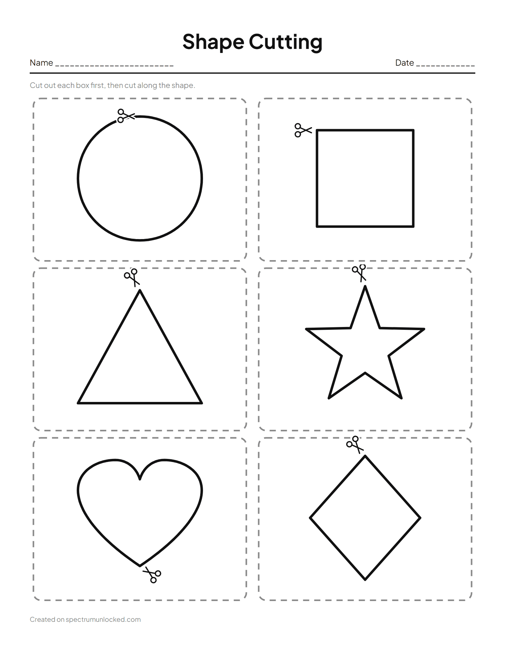Shape Cutting Worksheets: preview of the printable sheet