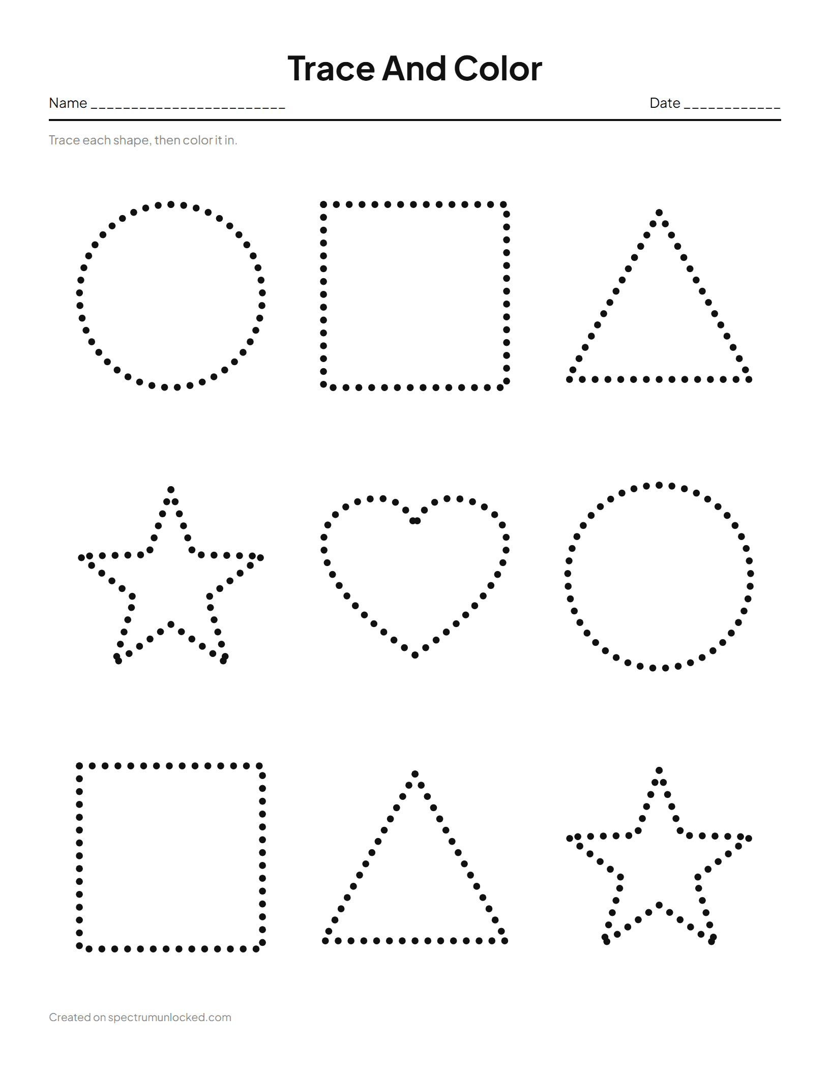Trace And Color Shapes Worksheets: preview of the printable sheet