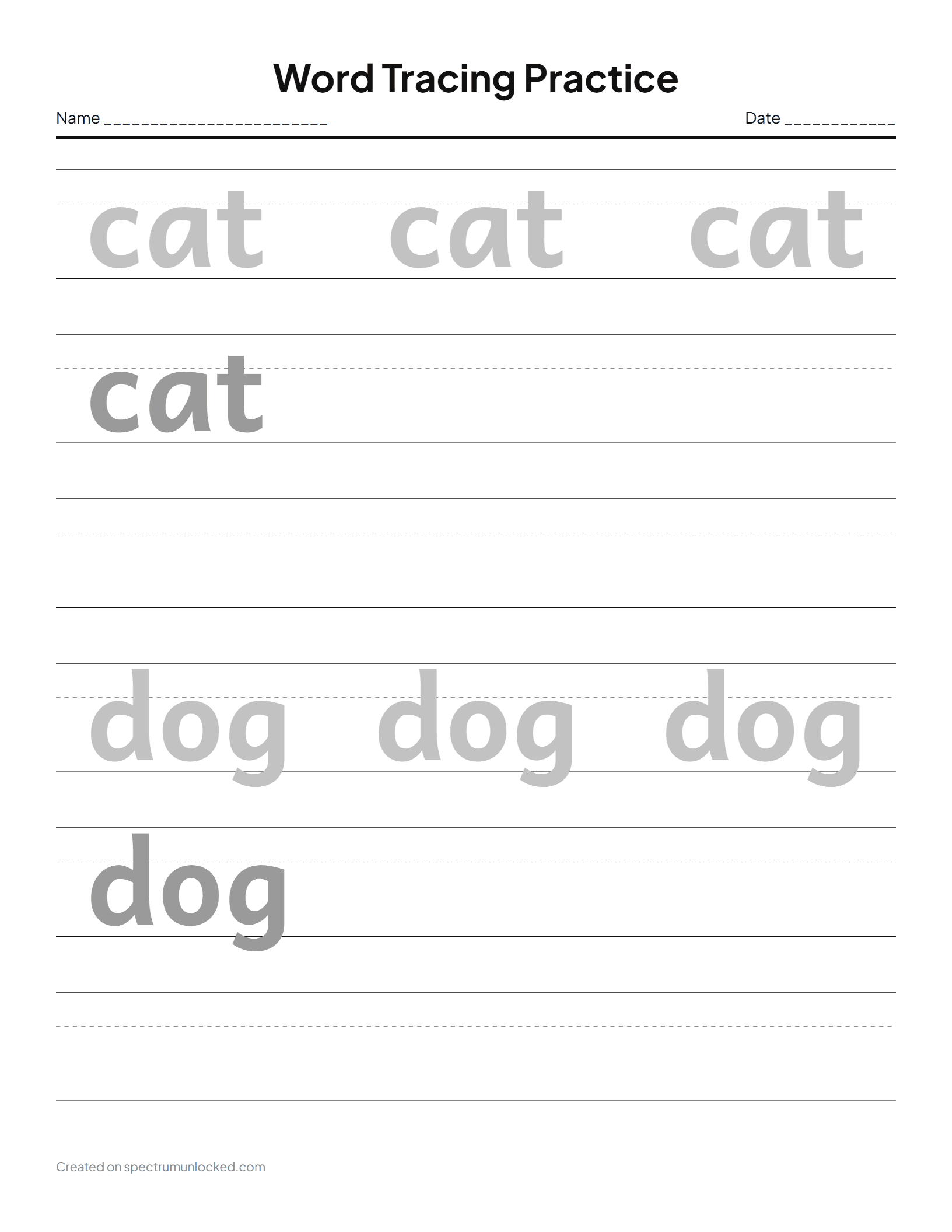 Word Tracing: preview of the printable sheet