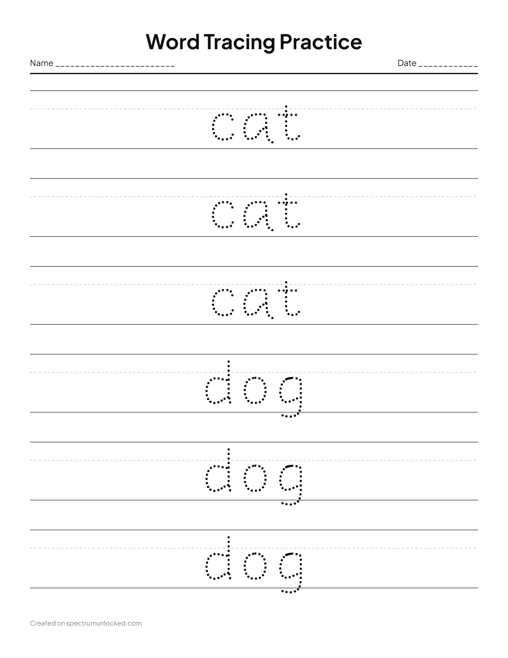 Word Tracing: preview of the printable sheet