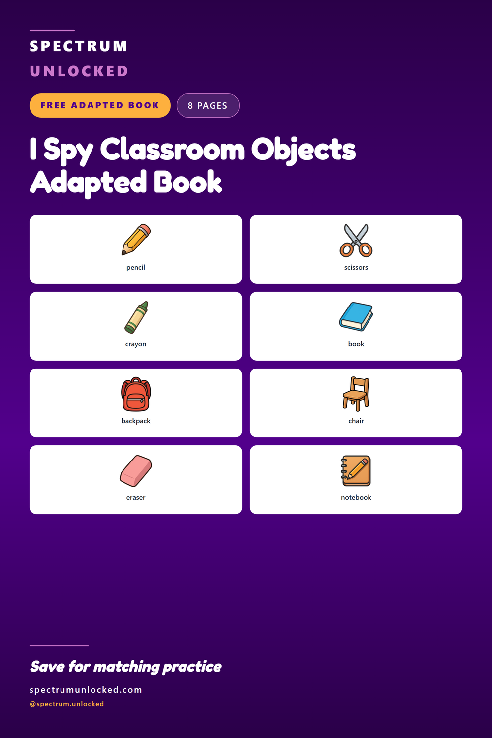 Pinterest pin: I Spy Classroom Objects Adapted Book