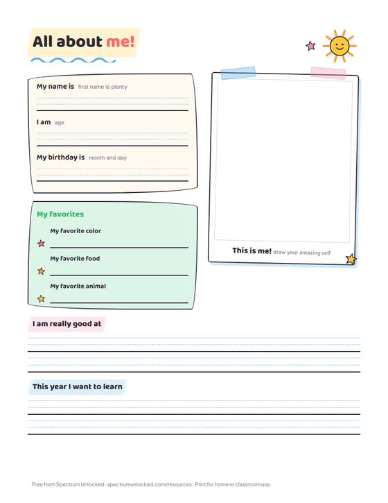 Elementary All About Me worksheet in the Crayon World design, with write lines, favorites, and a self-portrait frame