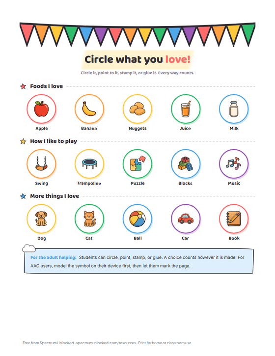 Symbol-supported All About Me page with picture symbols to circle in rows for foods, play, and favorite things