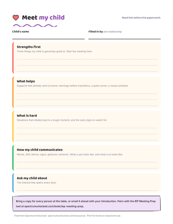 Meet My Child parent one-pager with sections for strengths, what helps, what is hard, and communication