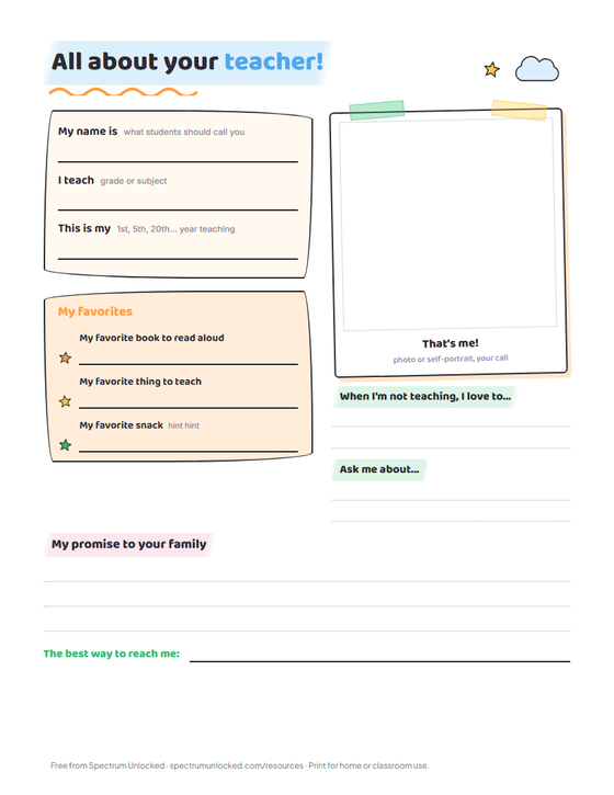 All About Your Teacher page with fields for favorites, a photo frame, and a promise to families