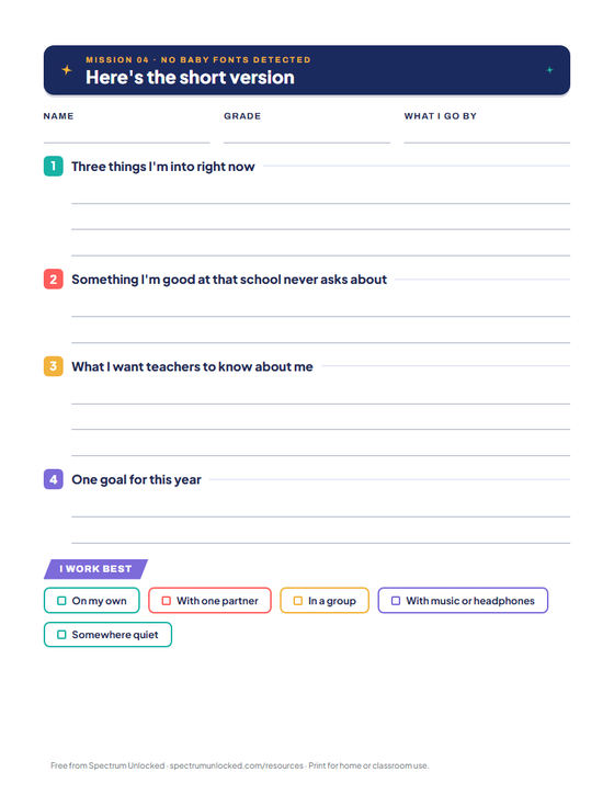 Teen All About Me page in the Space Explorer design with numbered sections and clean lines