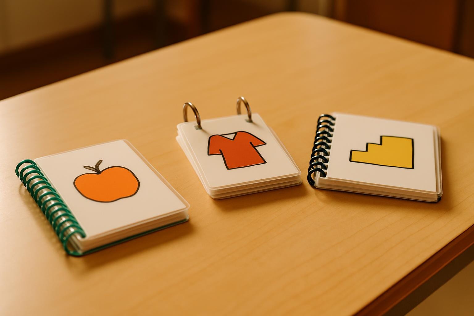 A finished set of bound visual supports: a coil-bound picture schedule, a ring-bound first-then book, and a comb-bound data binder