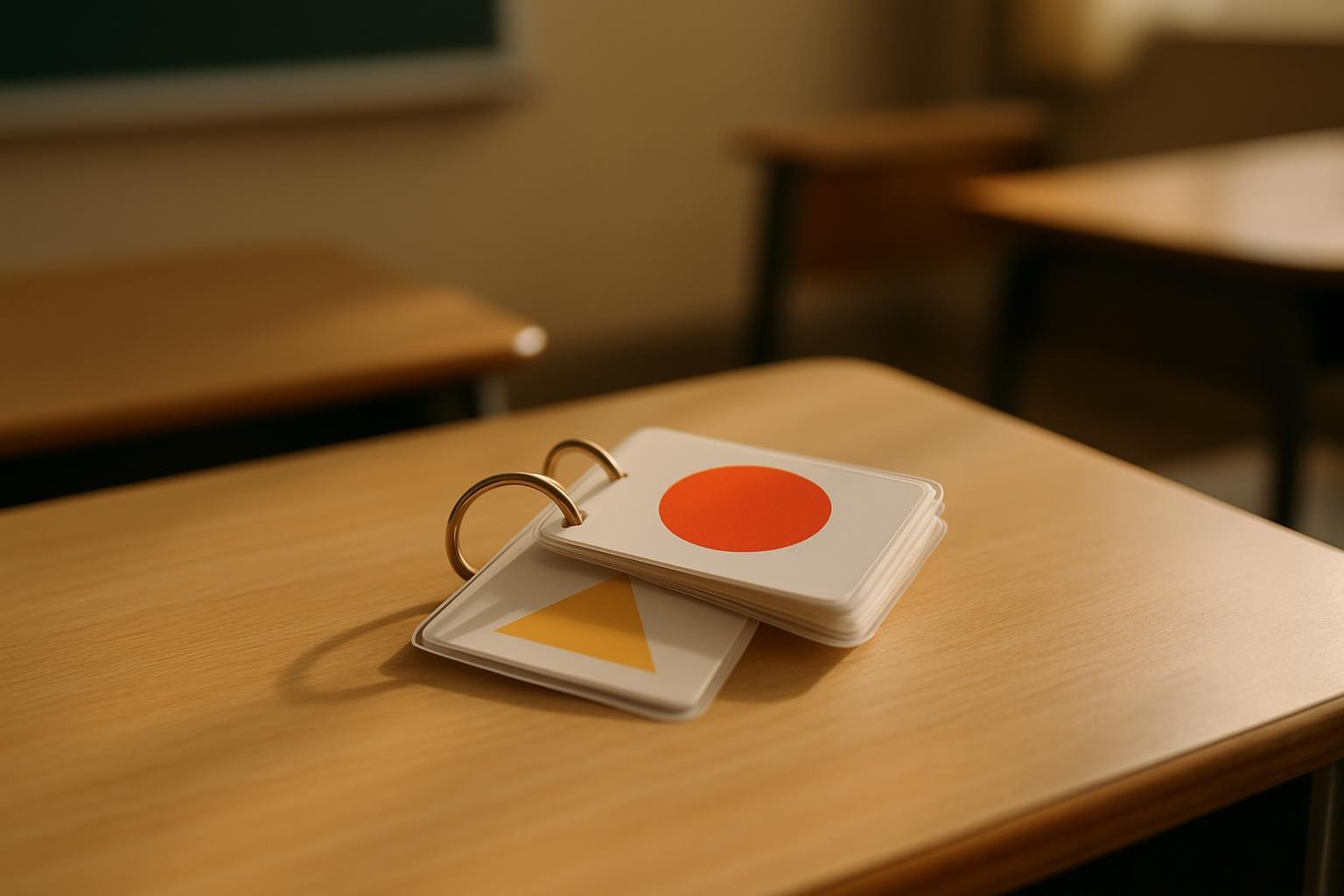 A stack of laminated picture cards punched and threaded onto two metal binder rings, lying flat and open on a desk