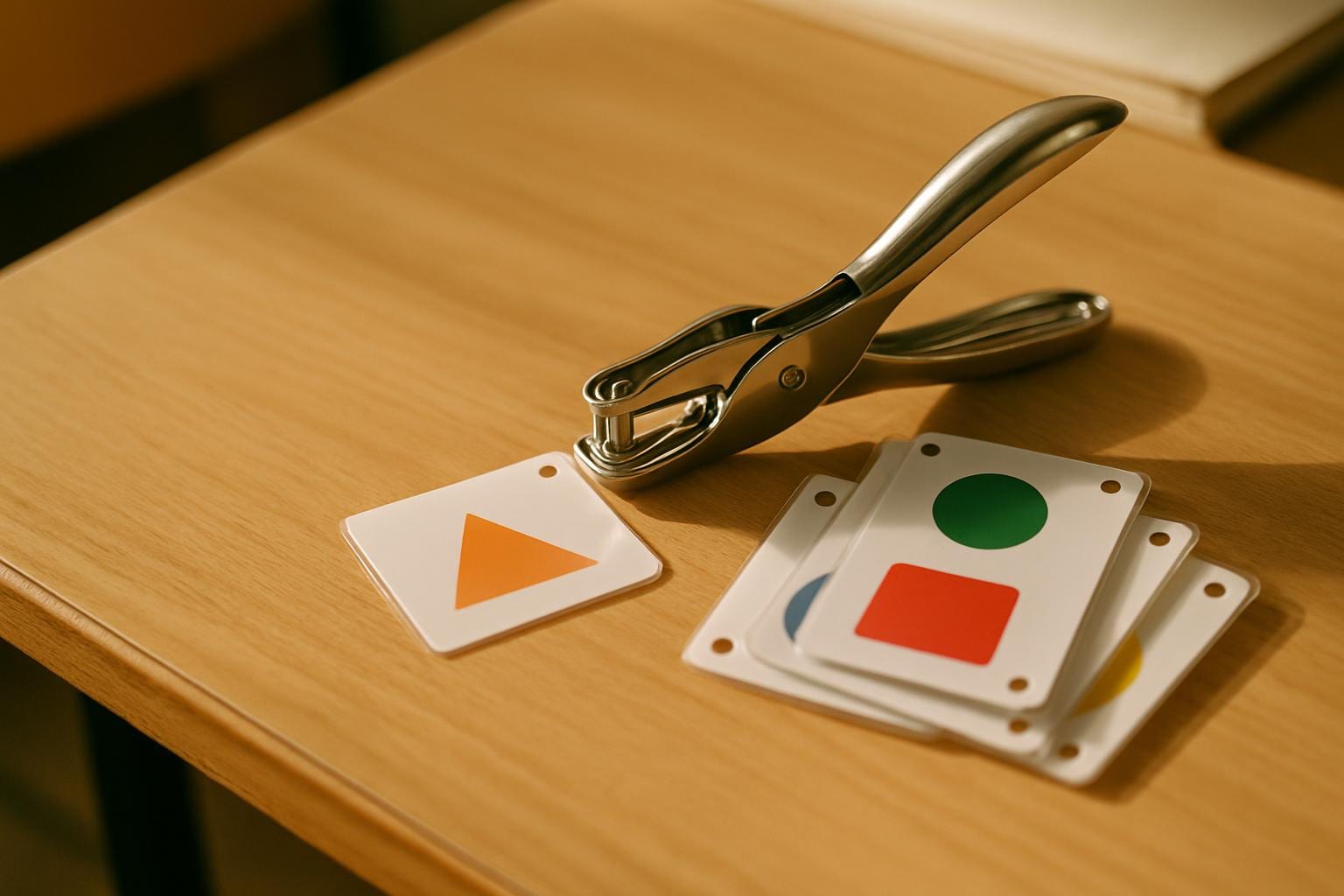 A single hole punch on a desk beside laminated picture cards with clean punched holes in their corners