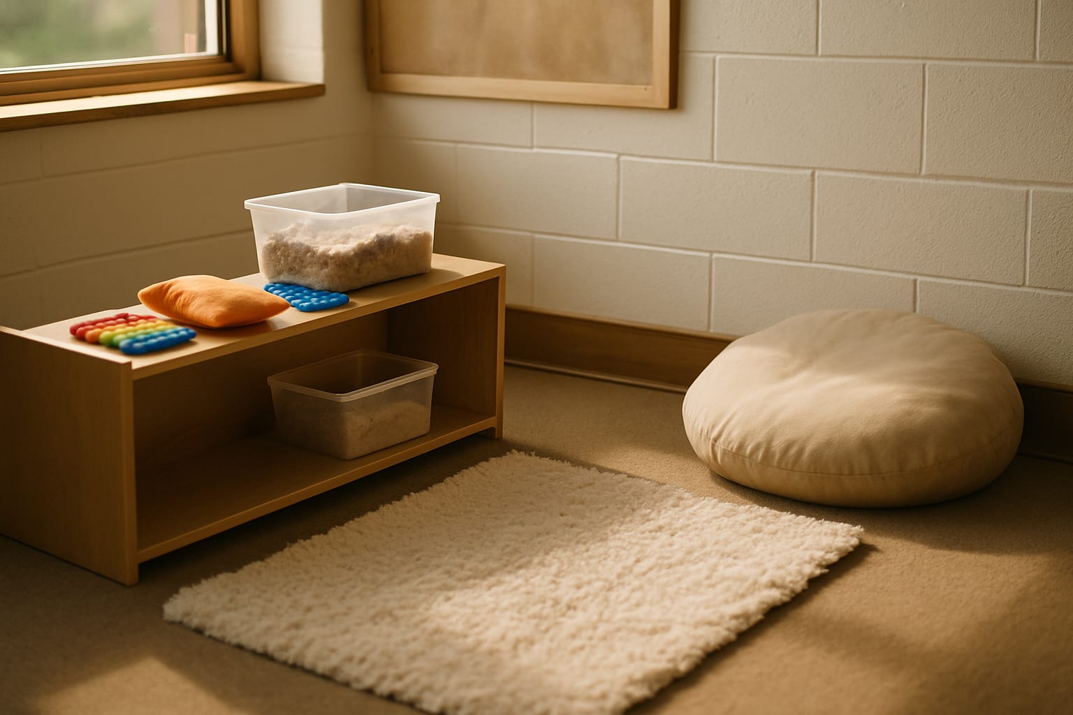 A staged classroom calm-down corner with a soft rug, a squeeze pillow and two silicone fidget toys on a low shelf, a clear bin of kinetic sand beside them, and a floor cushion in the corner