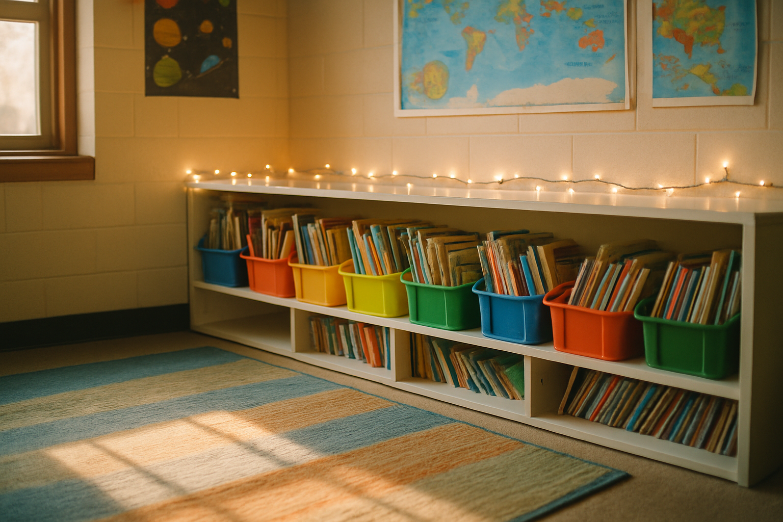 Colorful plastic book bins full of children's picture books lining a low classroom shelf, with string lights along the top edge and a striped rug on the floor