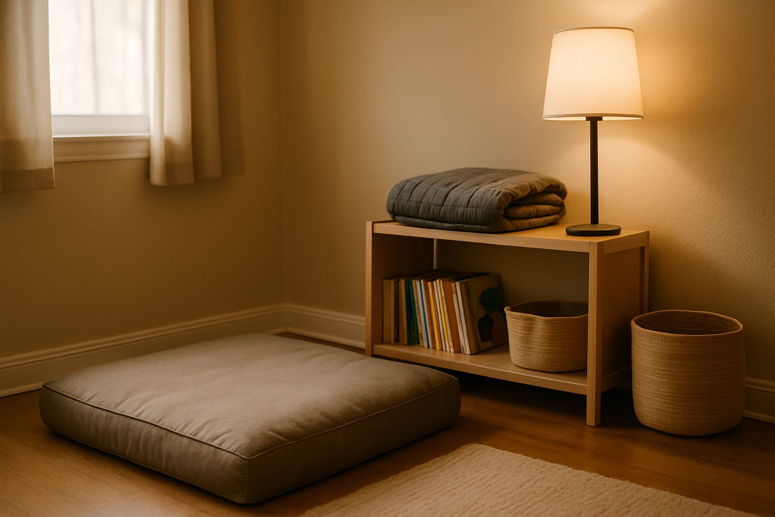 A quiet bedroom corner with a thick crash pad on the floor, a folded weighted blanket on a low shelf, a basket, and a warm floor lamp