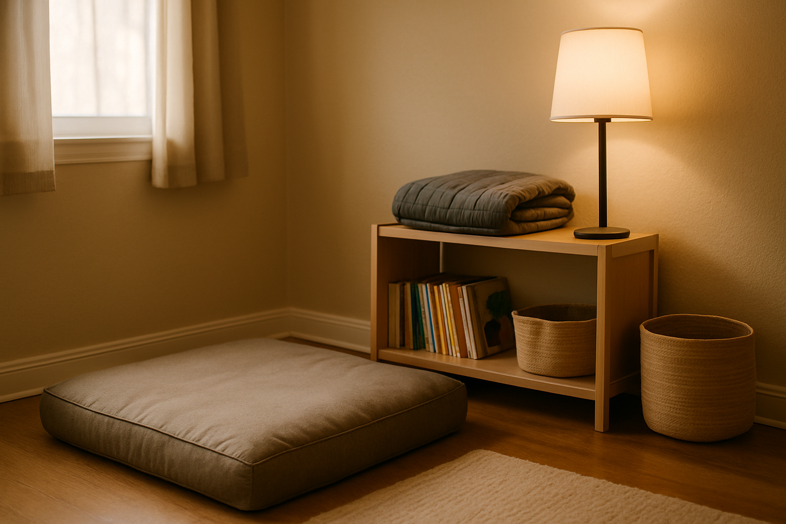 A quiet bedroom corner with a thick crash pad on the floor, a folded weighted blanket on a low shelf, a basket, and a warm floor lamp