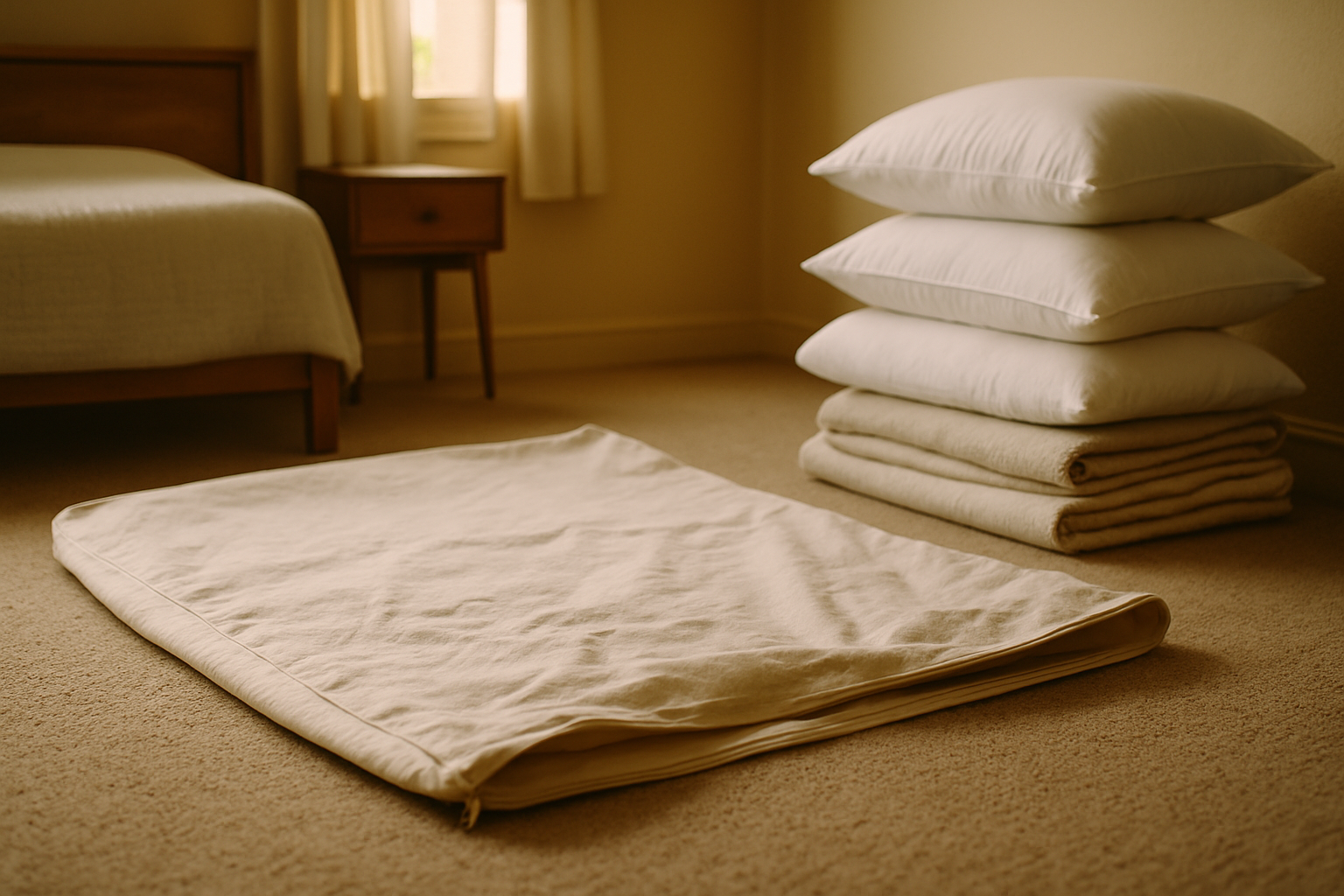 A large empty crash pad cover lying flat and open on a bedroom carpet with its zipper undone, beside a stack of spare pillows and folded blankets