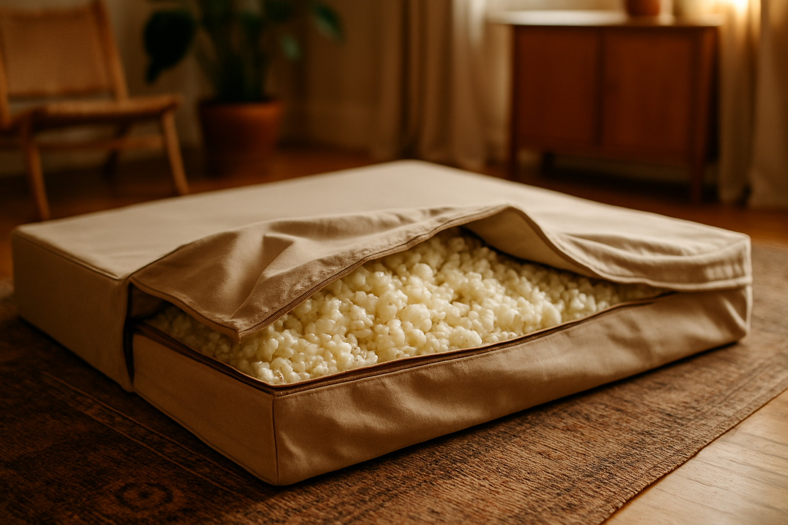 Close-up of an unzipped crash pad cover folded open to show the loose shredded foam filling and the heavy-duty zipper
