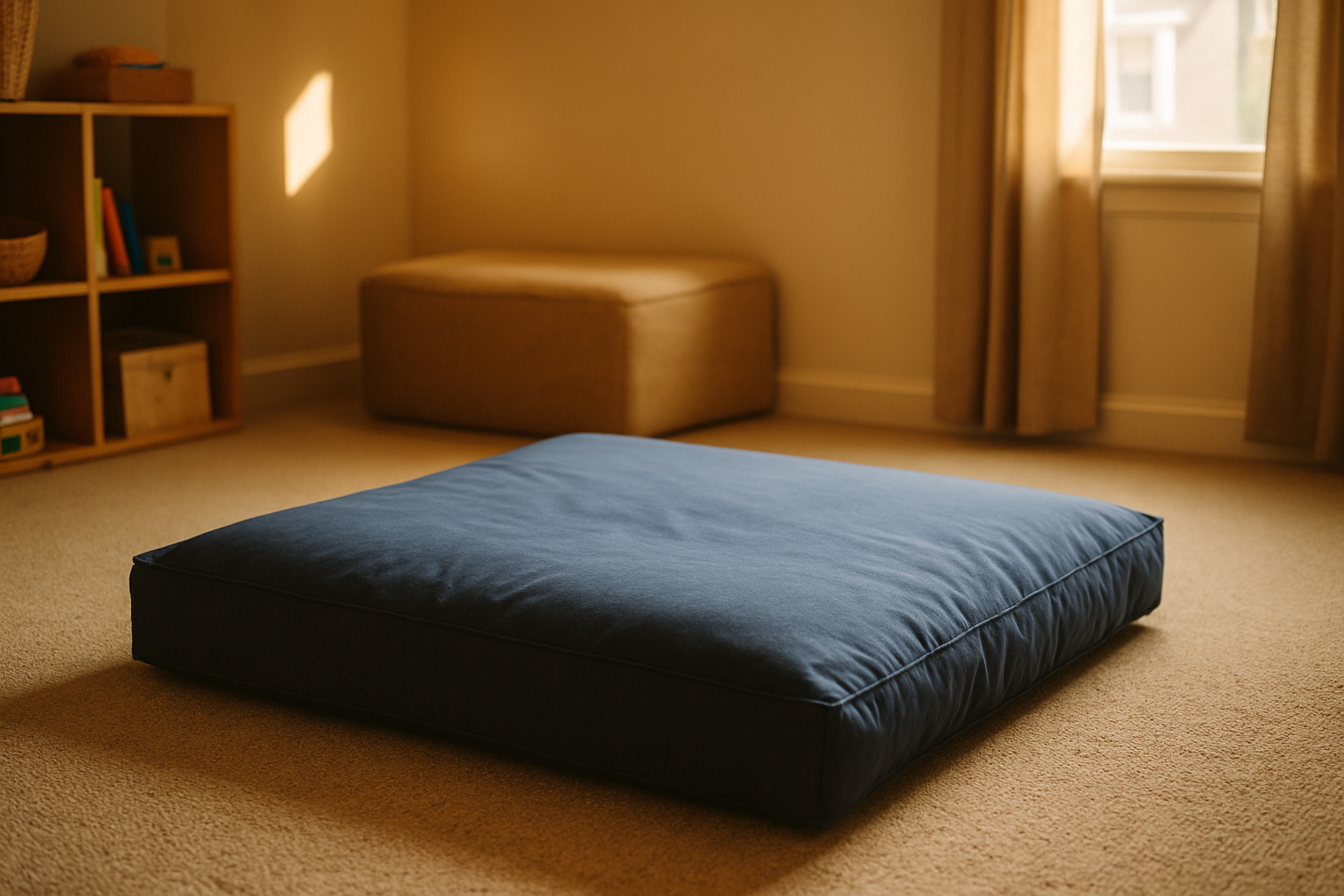 A thick navy crash pad on a carpeted playroom floor, positioned in clear open space with furniture pushed back against the far wall