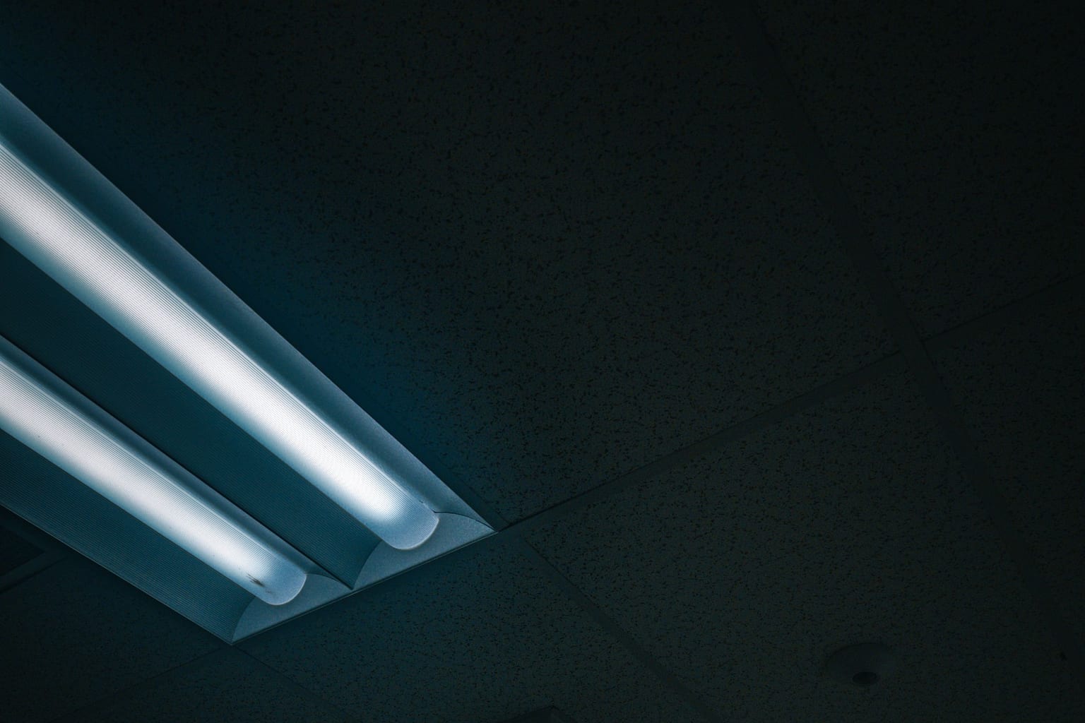 A bare fluorescent strip fixture glowing cold blue-white against dark ceiling tiles