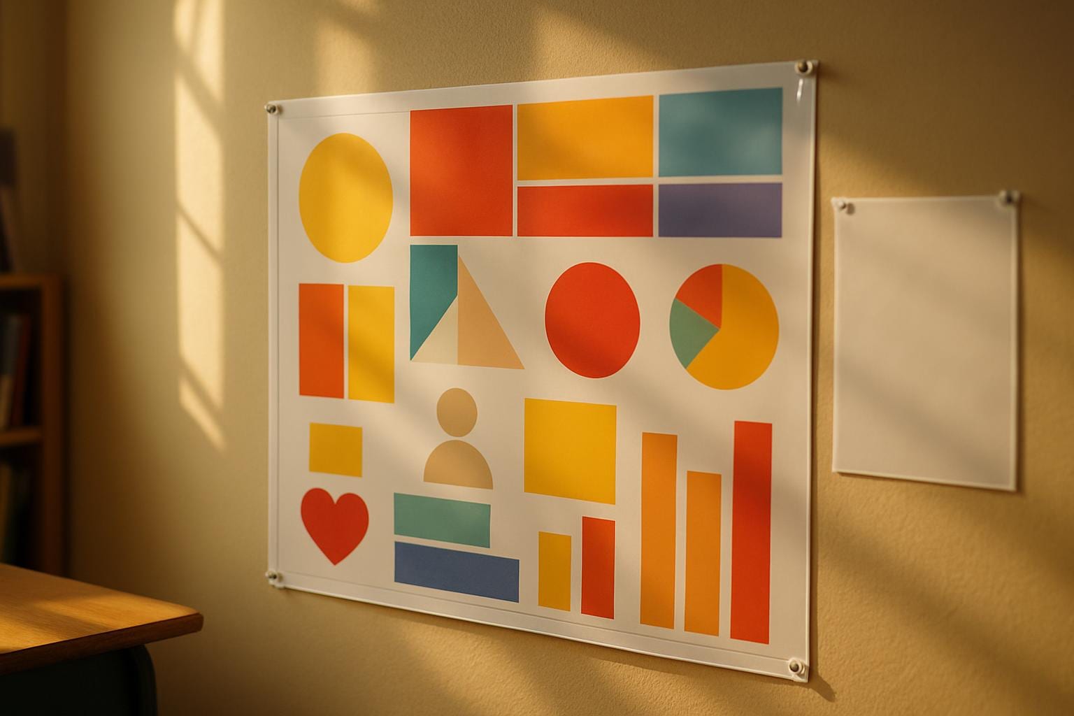A large laminated classroom chart with bright abstract shapes pinned to a wall, glossy surface catching the light, with a smaller letter-size laminated sheet beside it for scale
