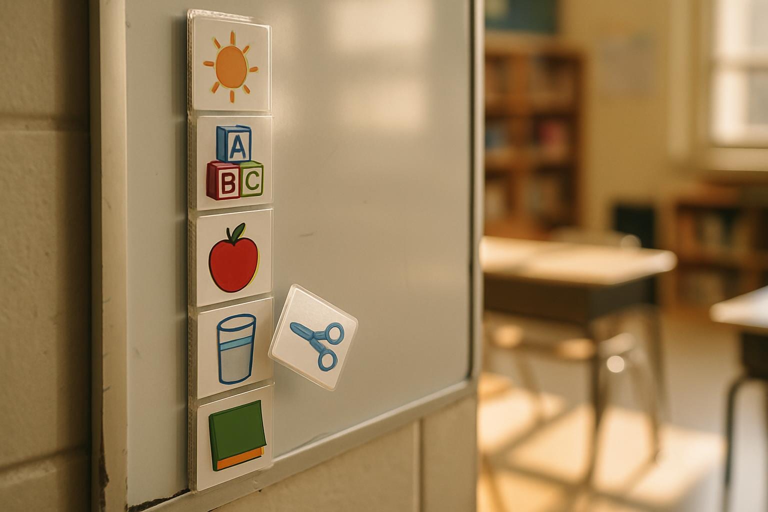 Close-up of laminated visual schedule cards showing simple abstract icons, one card being peeled from a strip of hook-and-loop fastener on a board