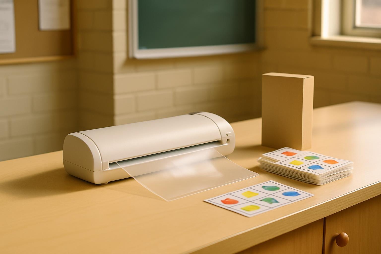 A teacher's laminating station with a small white thermal laminator mid-job, a glossy laminated sheet emerging, and a neat stack of laminated picture cards beside it