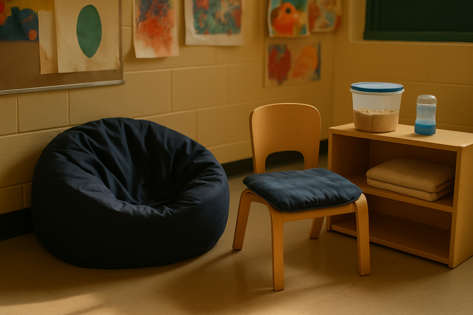 An empty classroom calm-down corner with a navy bean bag chair, a small chair holding a weighted pad on its seat, and a low shelf with a lidded sand bin and a bubble tumbler