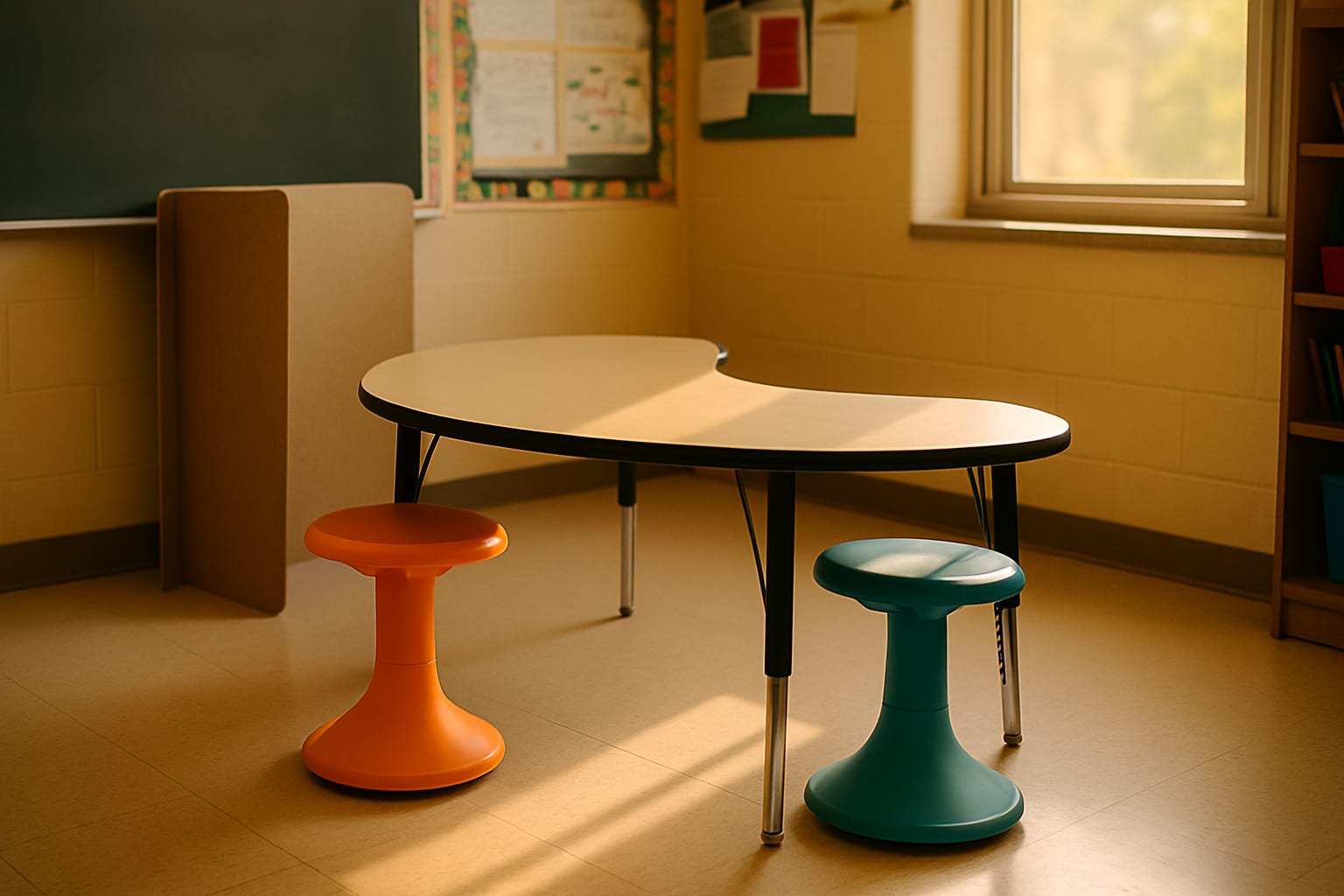 Two brightly colored wobble stools at a kidney-shaped classroom table, with a folded privacy divider leaning against the wall