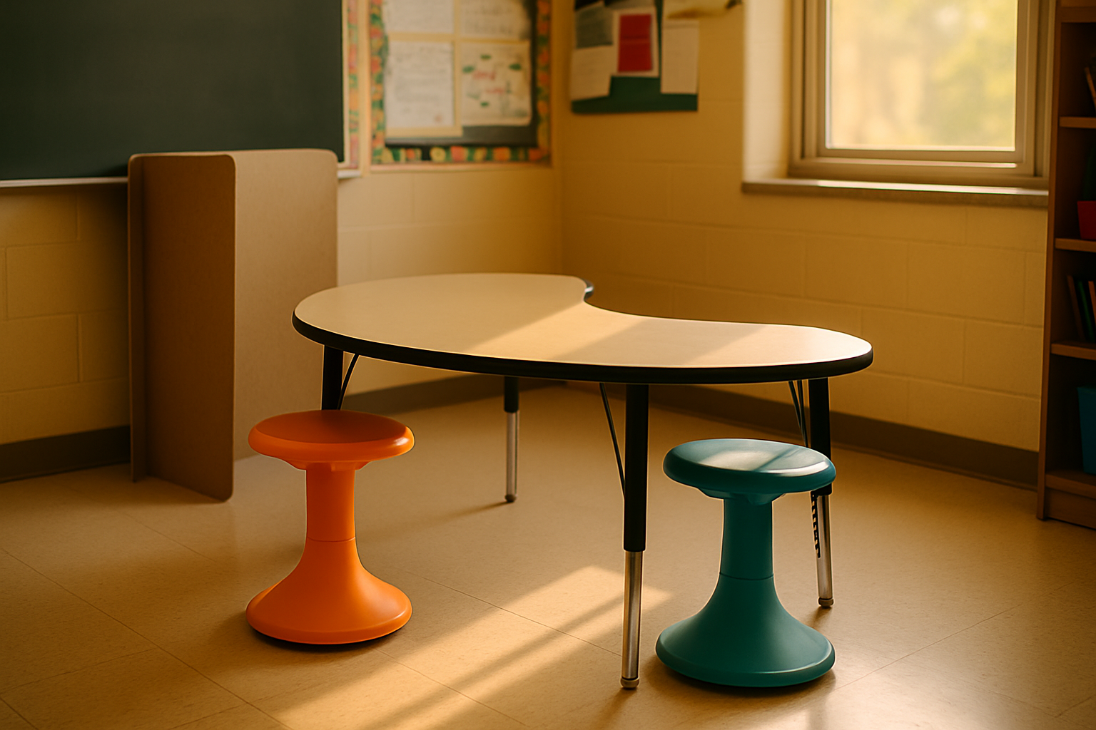 Two brightly colored wobble stools at a kidney-shaped classroom table, with a folded privacy divider leaning against the wall