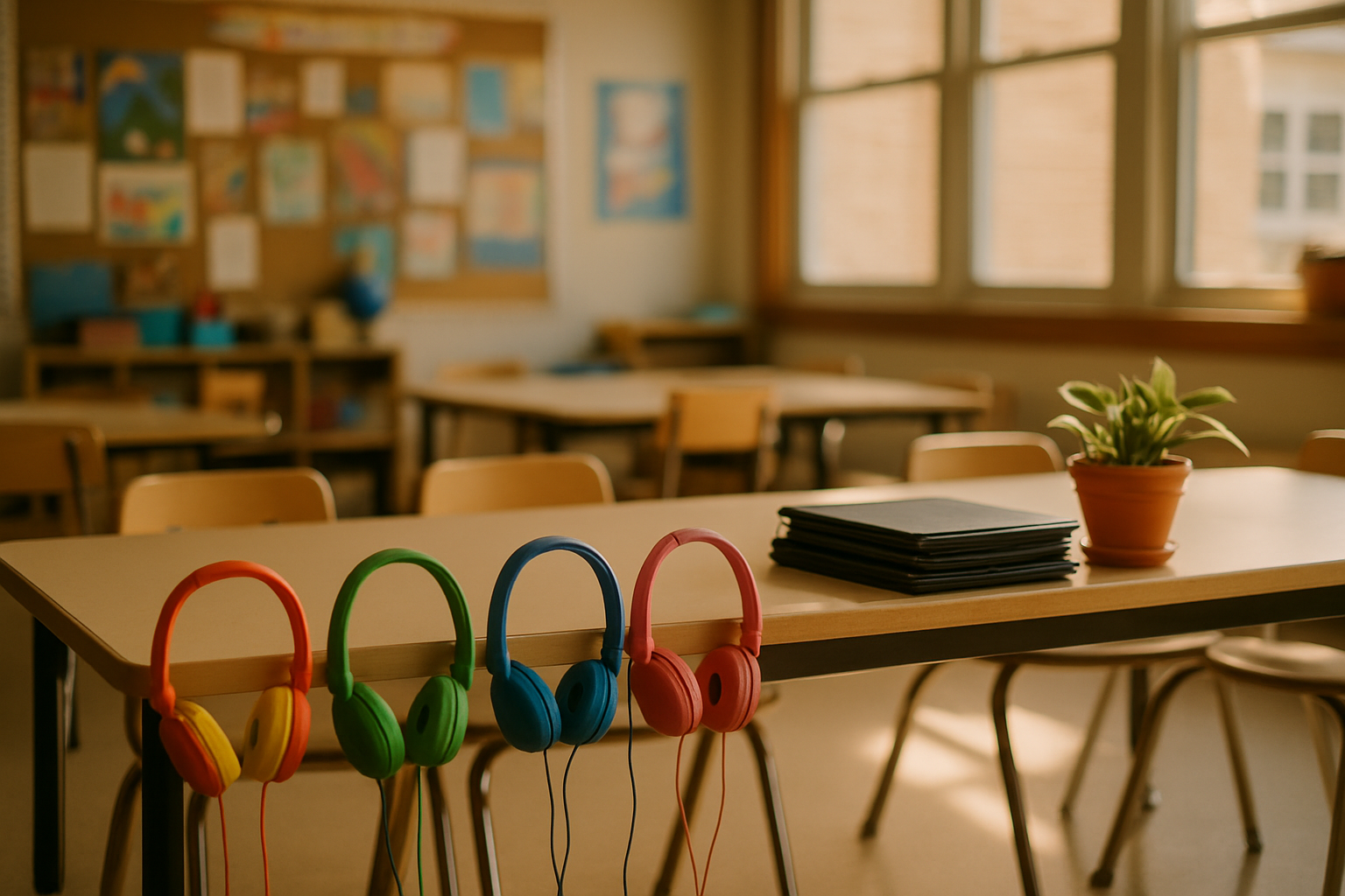 Four colorful children's headphones resting along the edge of a classroom table beside a stack of tablet cases