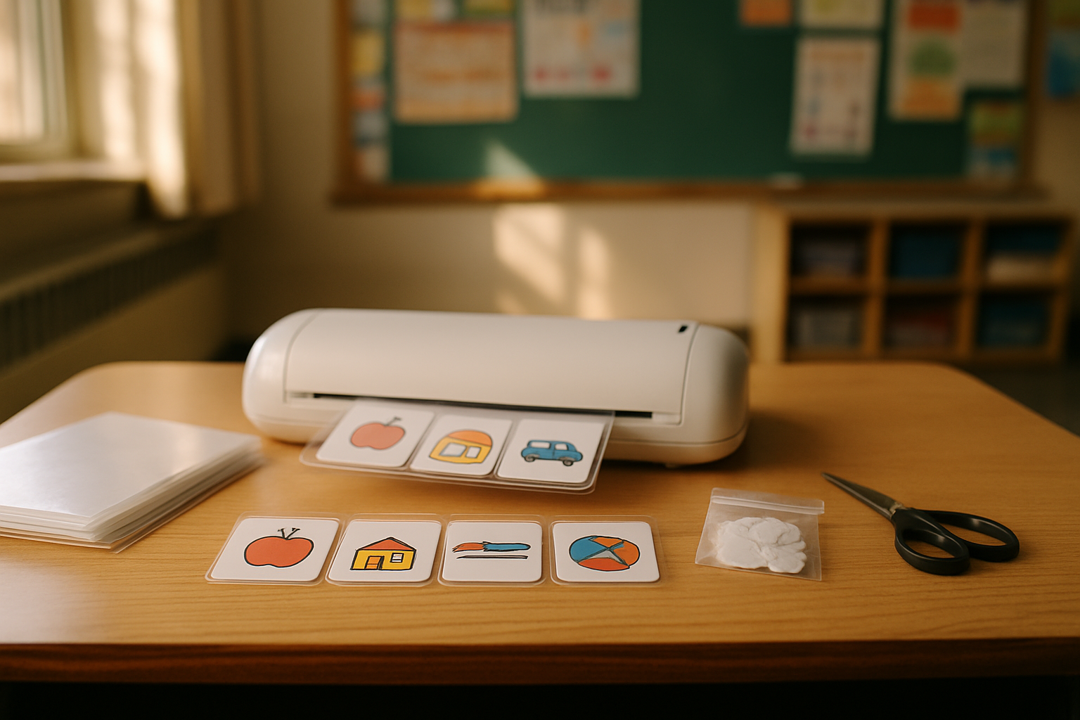 A desktop laminator on a classroom prep desk with freshly laminated picture cards, a stack of laminating pouches, a small bag of hook-and-loop dots, and scissors
