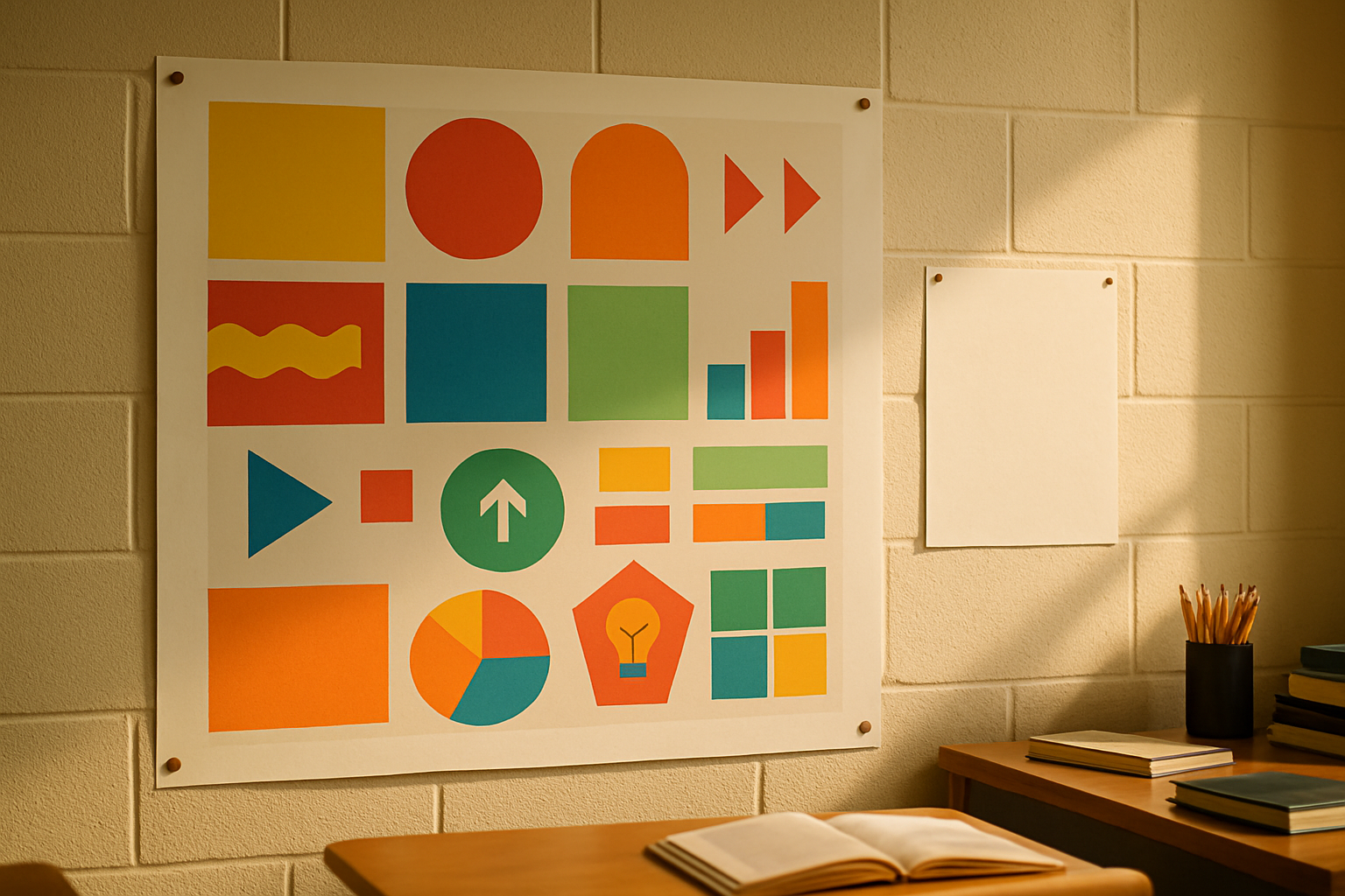 A large-format colorful chart pinned to a classroom wall beside a standard-size sheet, showing the size difference