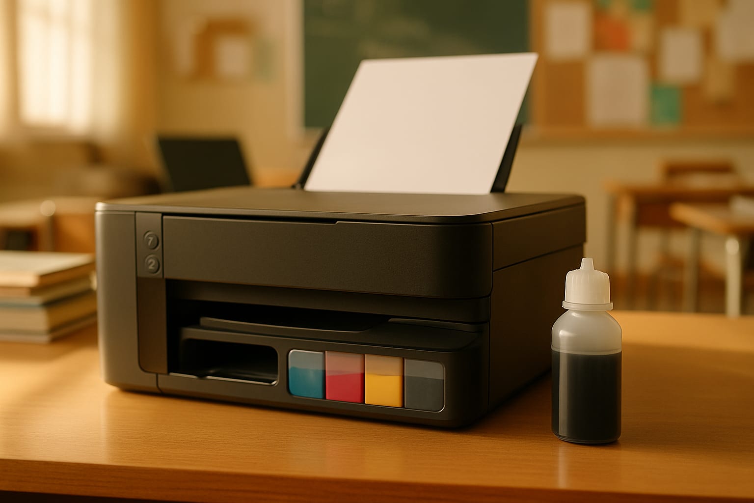 A cartridge-free supertank printer with four visible ink reservoirs in cyan, magenta, yellow and black, with a small unlabelled refill bottle standing beside it