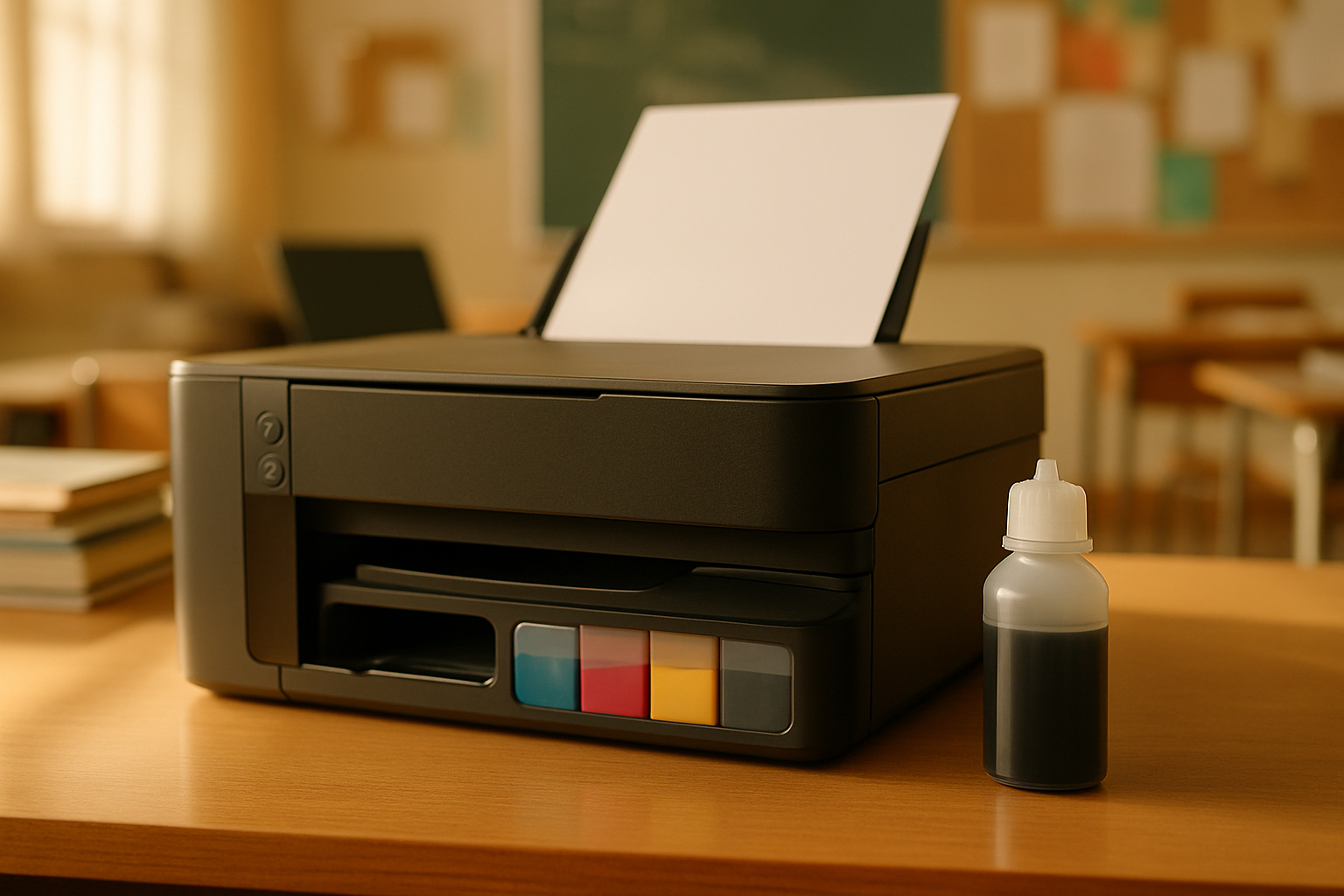 A cartridge-free supertank printer with four visible ink reservoirs in cyan, magenta, yellow and black, with a small unlabelled refill bottle standing beside it